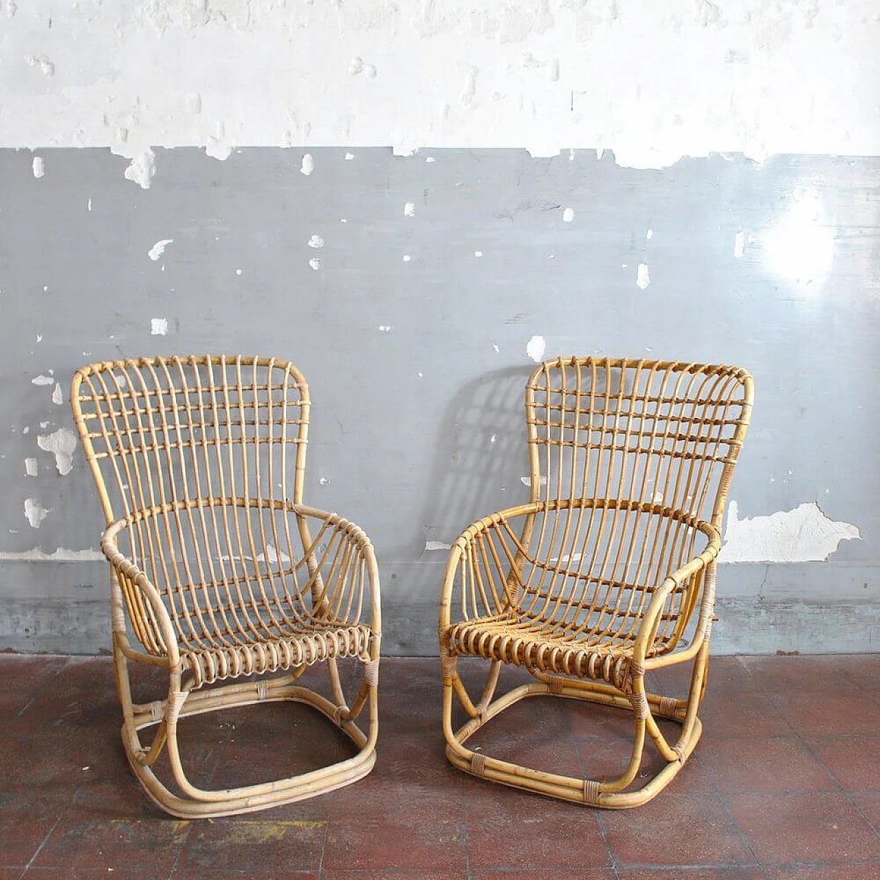 Pair of armchairs in bamboo cane, 60s 1305663
