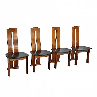 4 Leather and walnut chairs in the style of Afra and Tobia Scarpa, 1970s