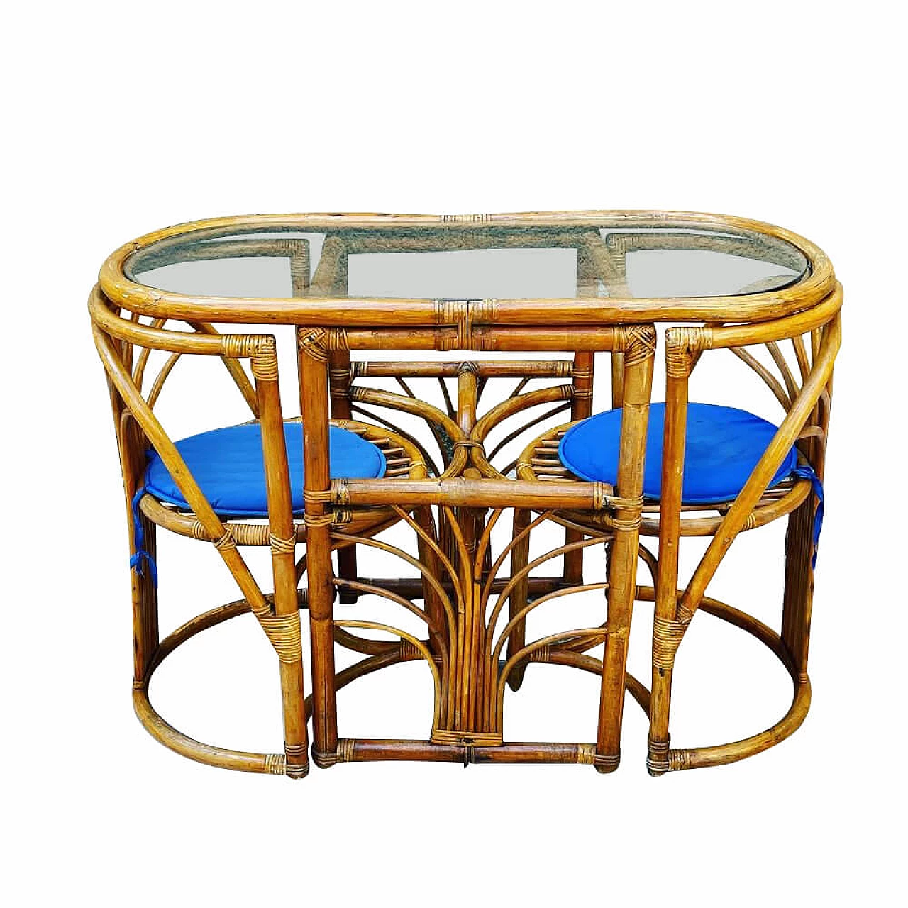 Tavolo con coppia di sedie a scomparsa in bambù e vetro, anni '60 1305784