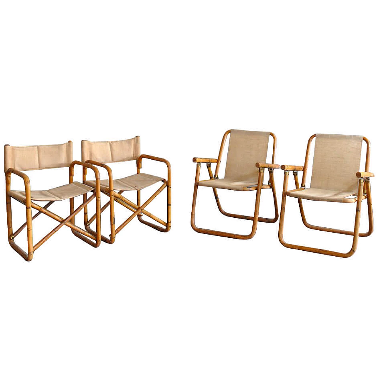 4 Chairs in bamboo cane and hemp with hinges and brass details by Gabriella Crespi, 60s 1306472