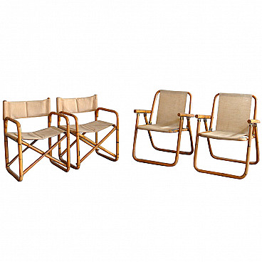4 Chairs in bamboo cane and hemp with hinges and brass details by Gabriella Crespi, 60s