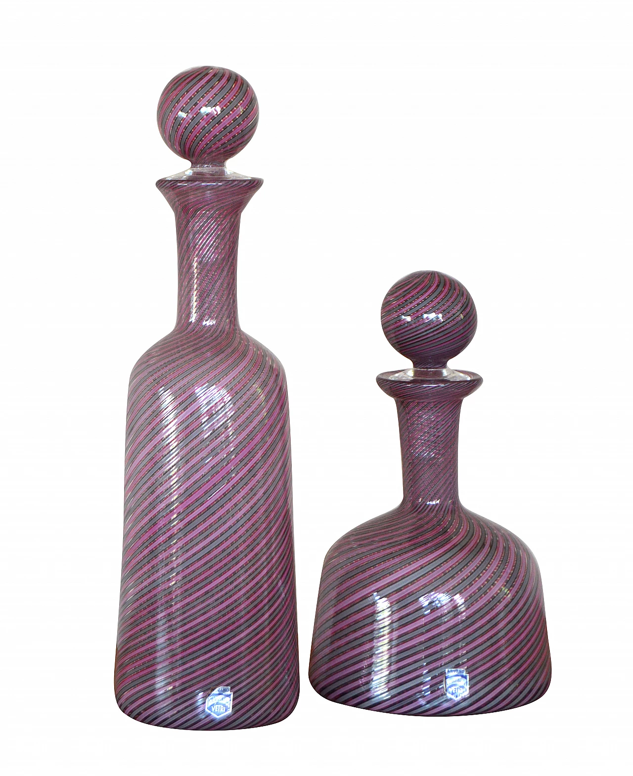 Coppia di bottiglie Cenedese in vetro di Murano con lavorazione a spirale, anni '80 1306557