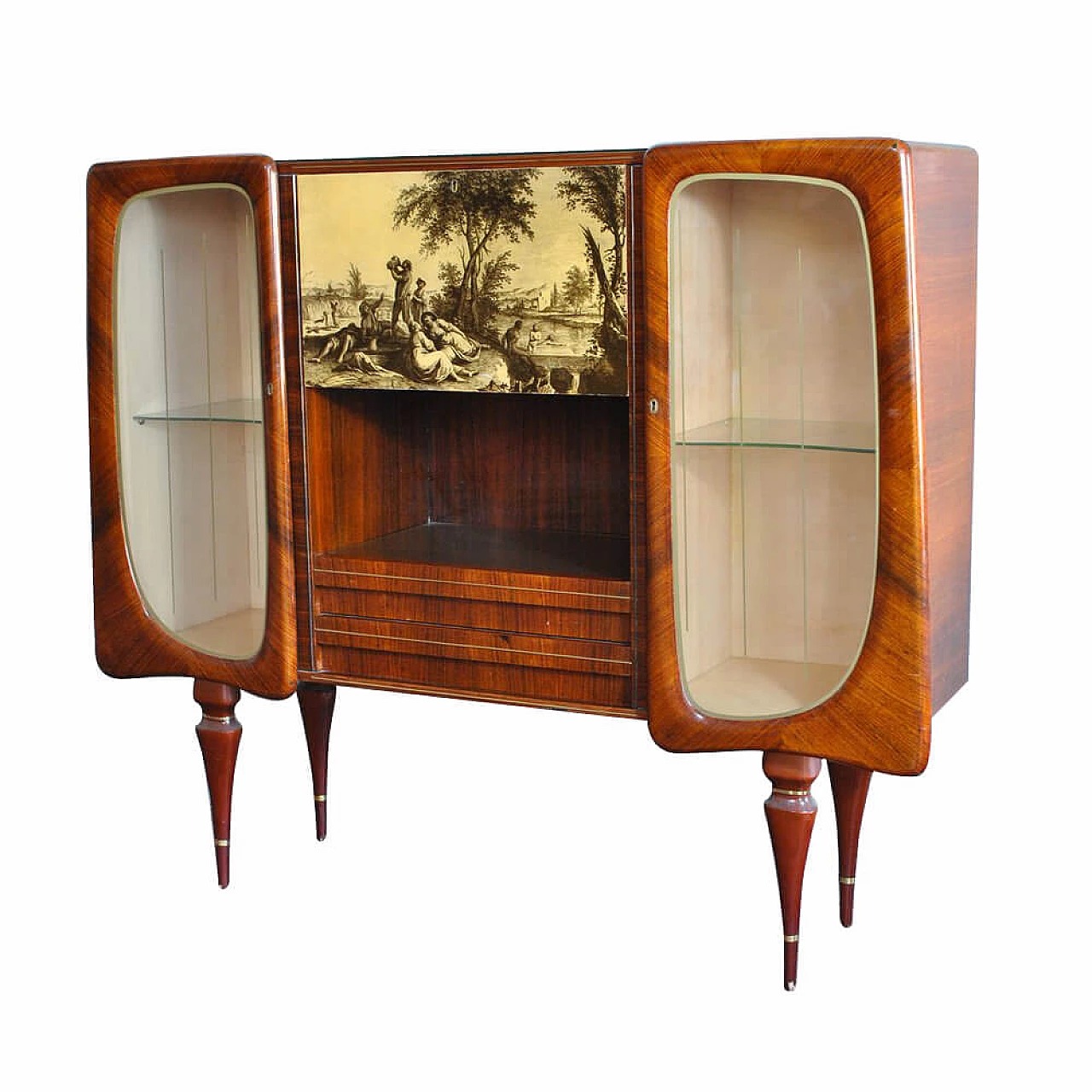 Bar cabinet with carved doors in pear tree, 50s 1306590