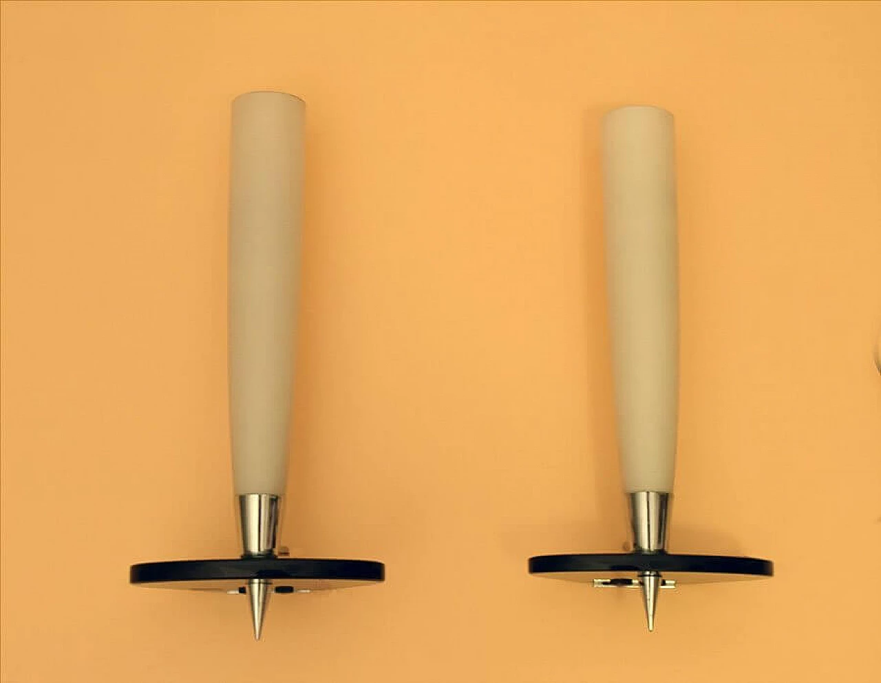 Pair of wall lamps in satin glass, smoked crystal and chromed brass, 50s 1307000