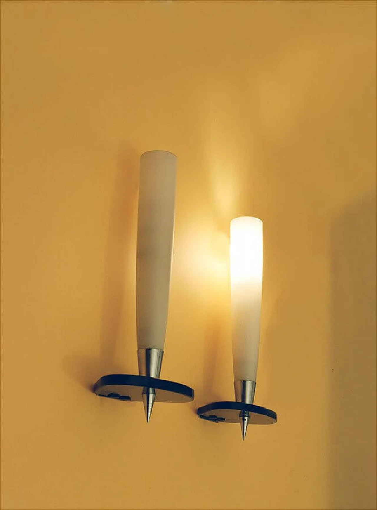 Pair of wall lamps in satin glass, smoked crystal and chromed brass, 50s 1307001