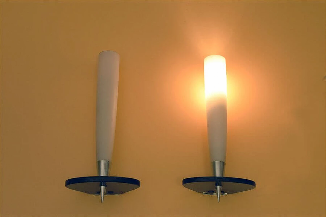 Pair of wall lamps in satin glass, smoked crystal and chromed brass, 50s 1307002
