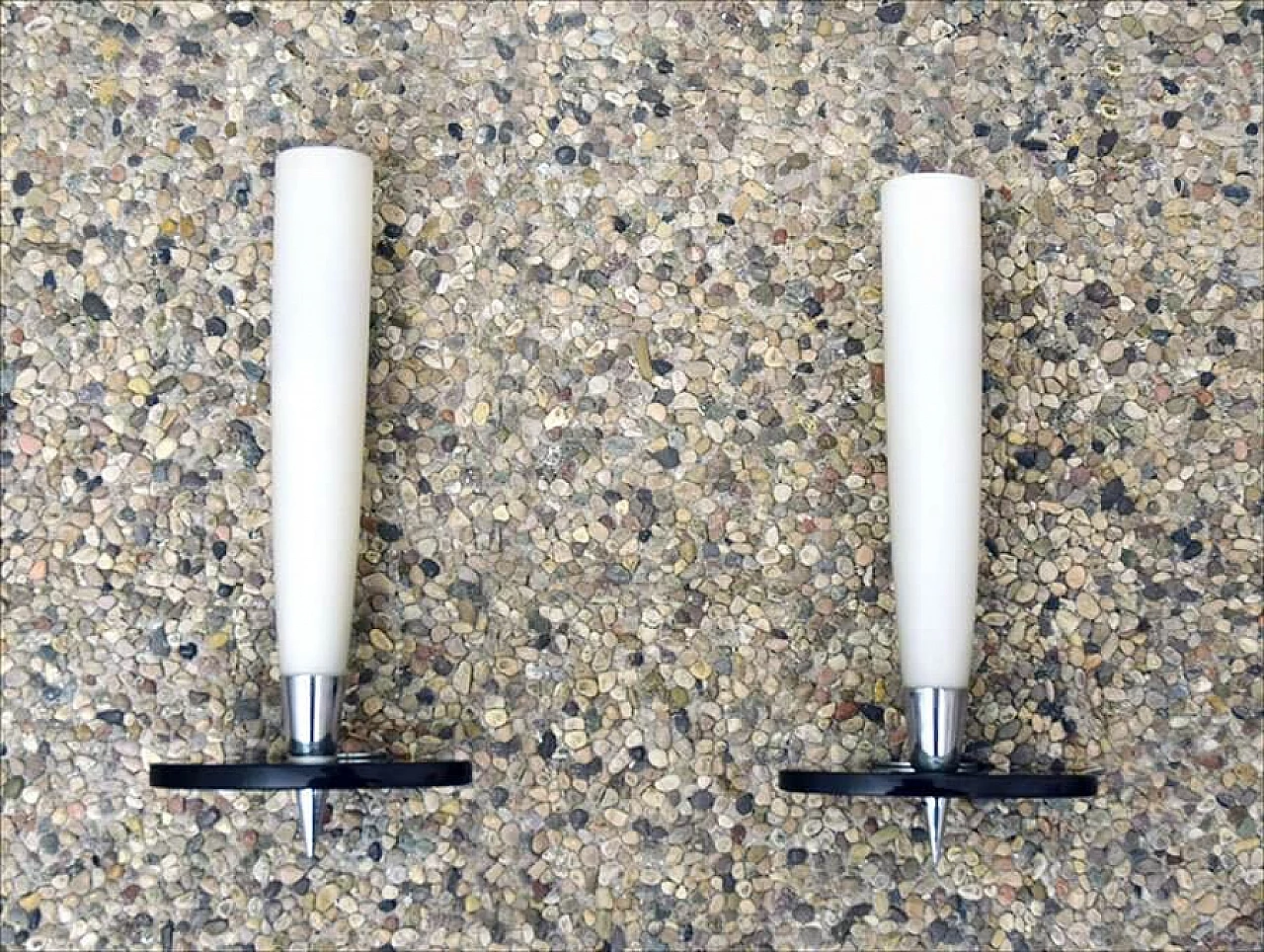 Pair of wall lamps in satin glass, smoked crystal and chromed brass, 50s 1307005