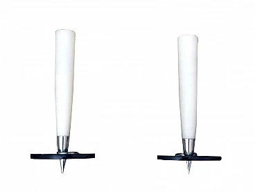 Pair of wall lamps in satin glass, smoked crystal and chromed brass, 50s