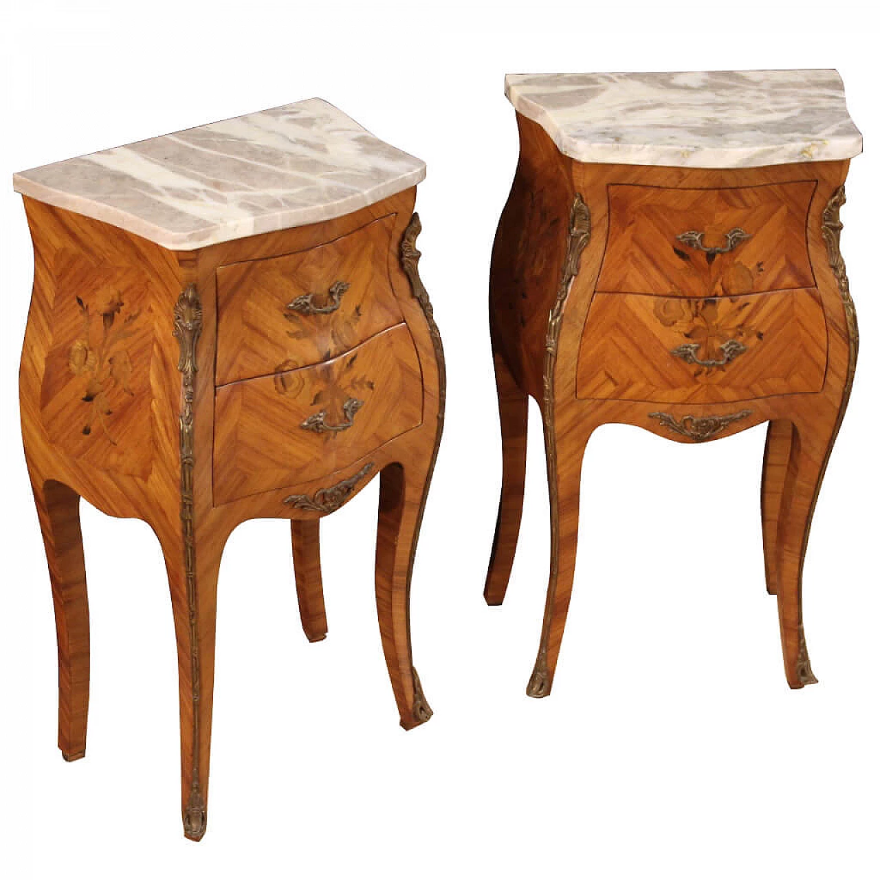 Pair of French inlaid bedside tables with marble top 1307578