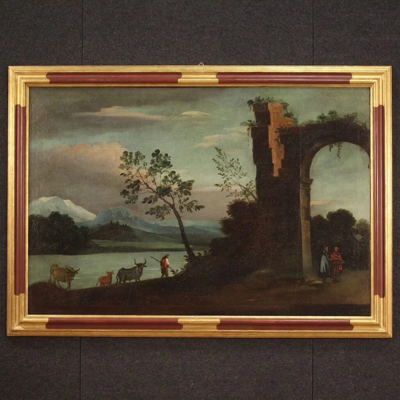 Landscape with ruins, figures and animals, oil painting on canvas, 18th century 1307616