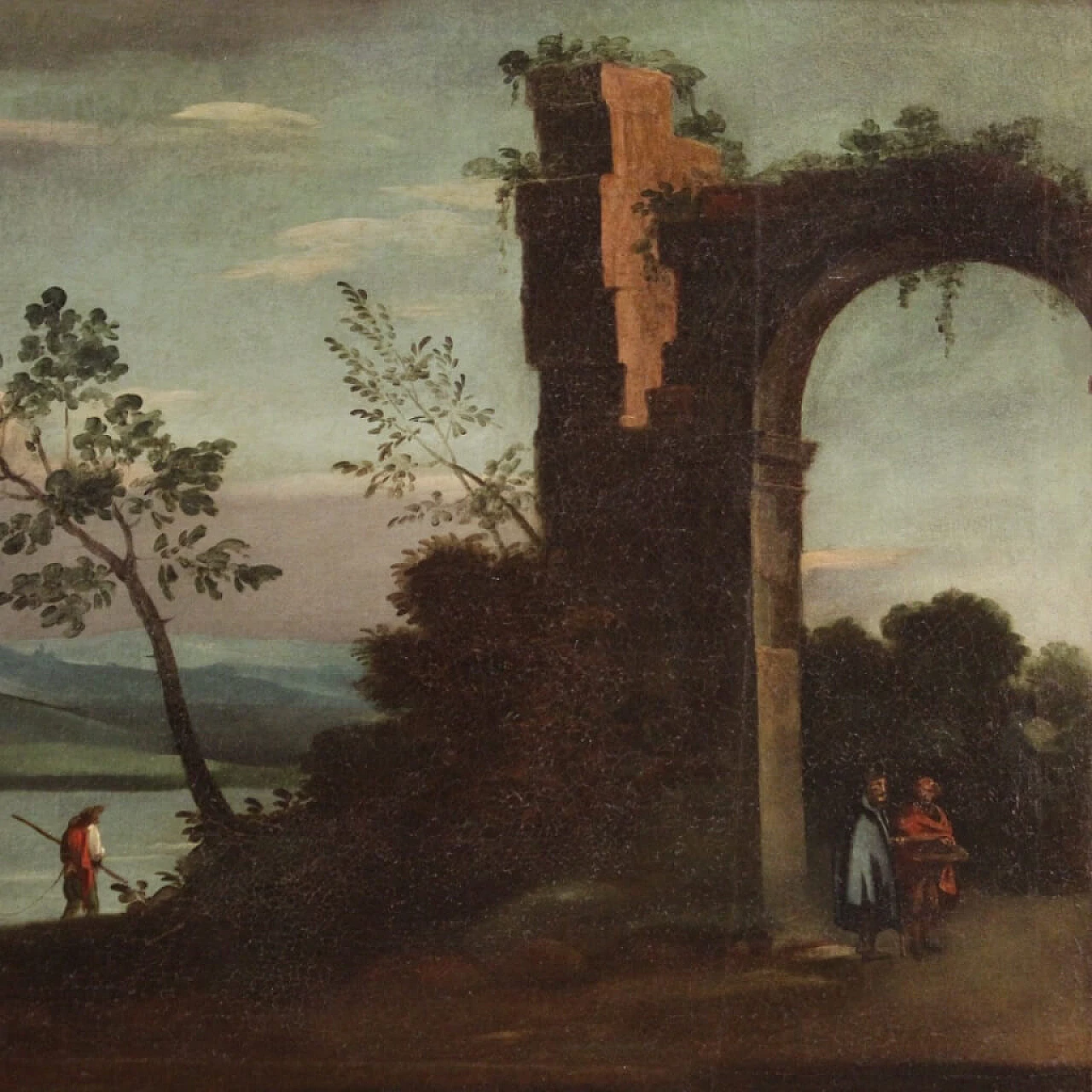 Landscape with ruins, figures and animals, oil painting on canvas, 18th century 1307618