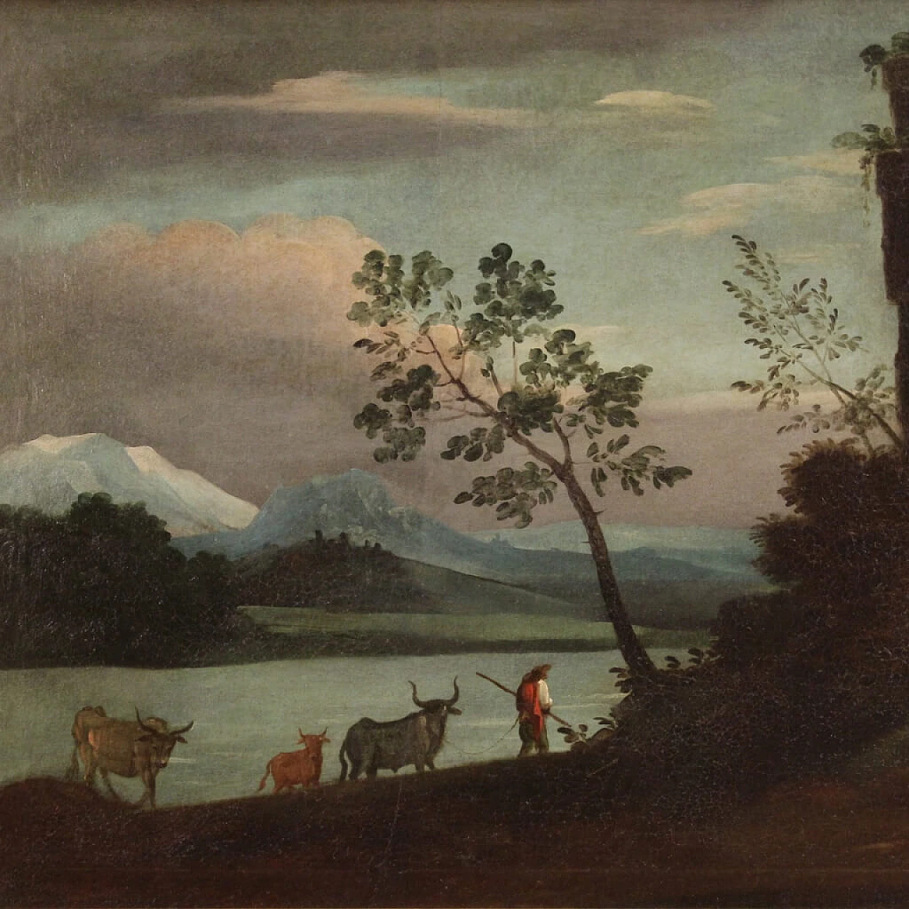 Landscape with ruins, figures and animals, oil painting on canvas, 18th century 1307619