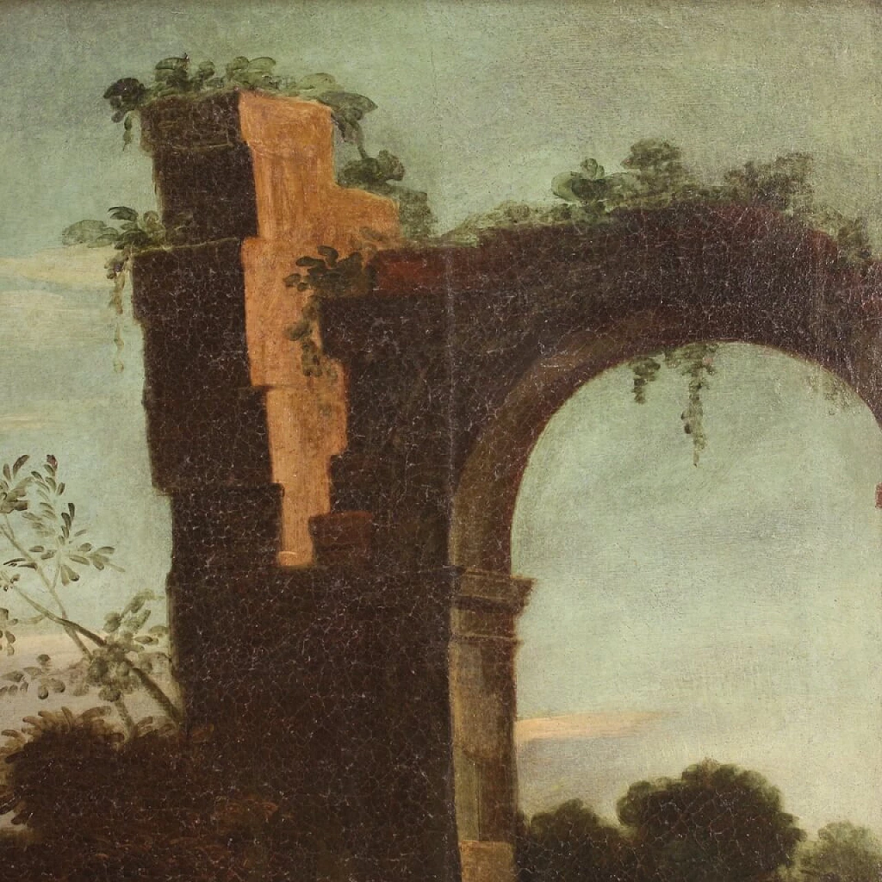 Landscape with ruins, figures and animals, oil painting on canvas, 18th century 1307624