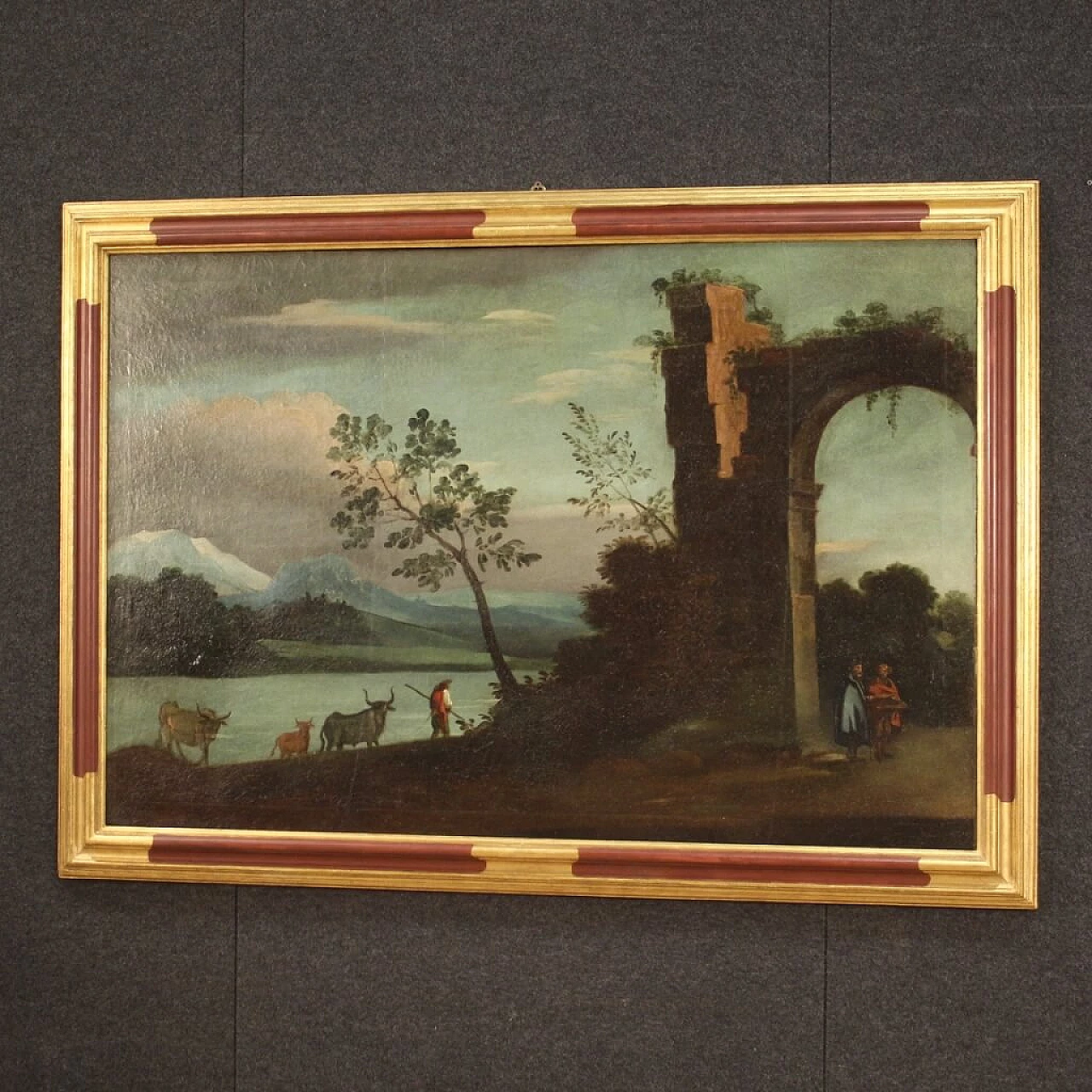 Landscape with ruins, figures and animals, oil painting on canvas, 18th century 1307625