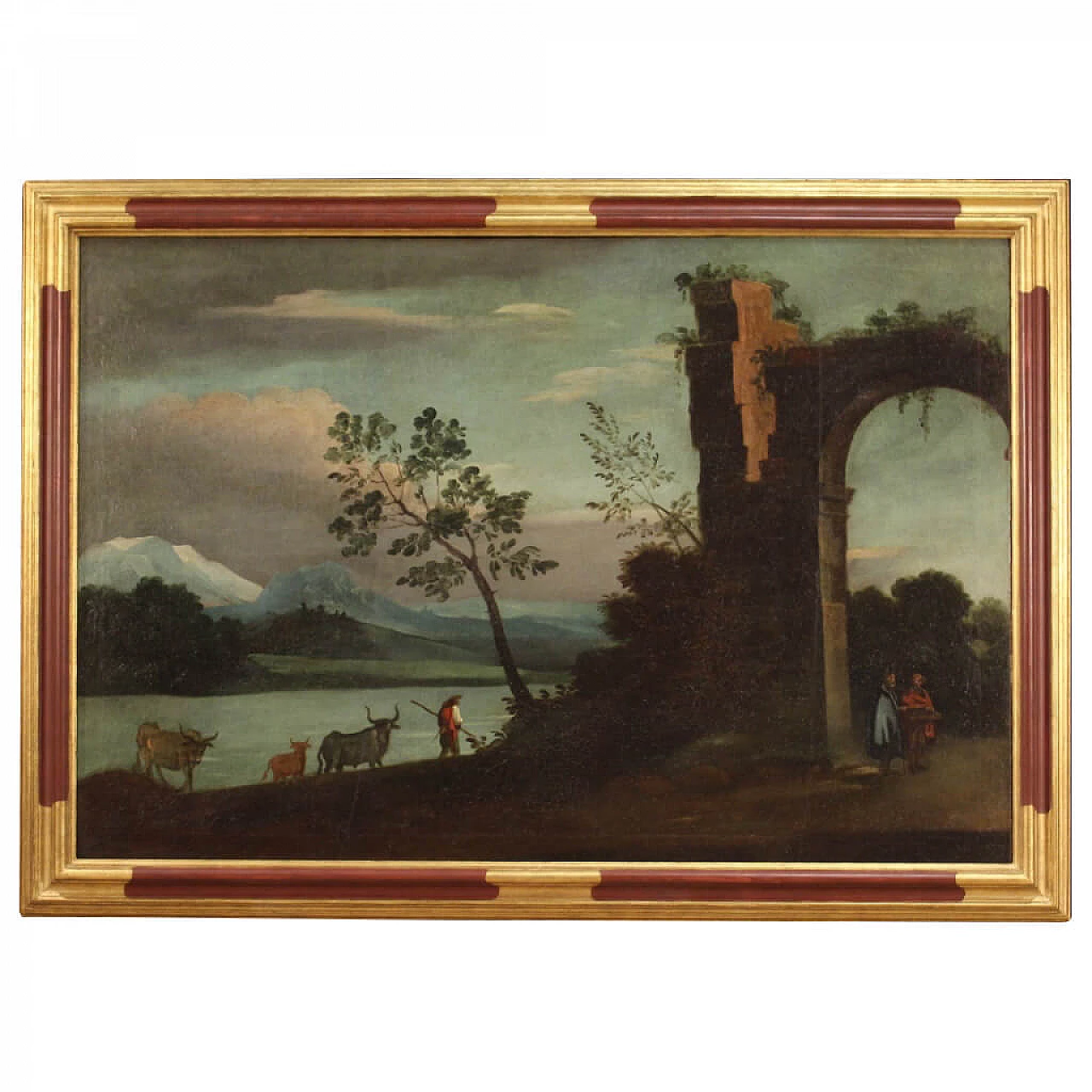 Landscape with ruins, figures and animals, oil painting on canvas, 18th century 1307796