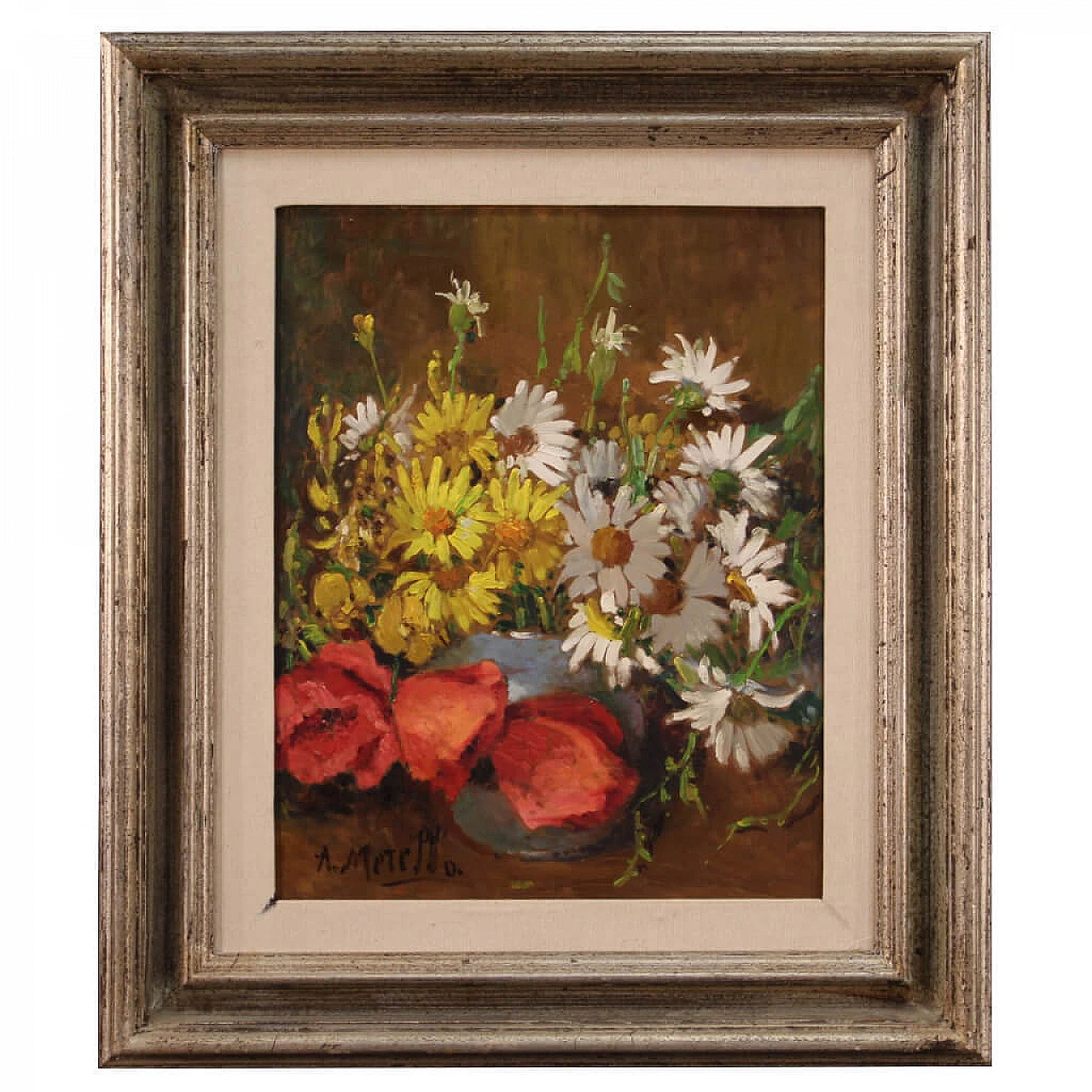 Vaso con margherite, dipinto firmato olio su tavoletta 1308149