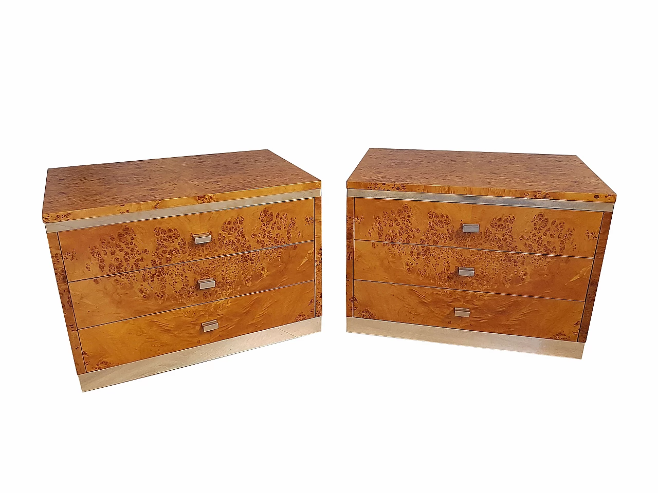 Pair of bedside tables in amboyna burl and brass profiles, Willy Rizzo style, 1970s 1308472