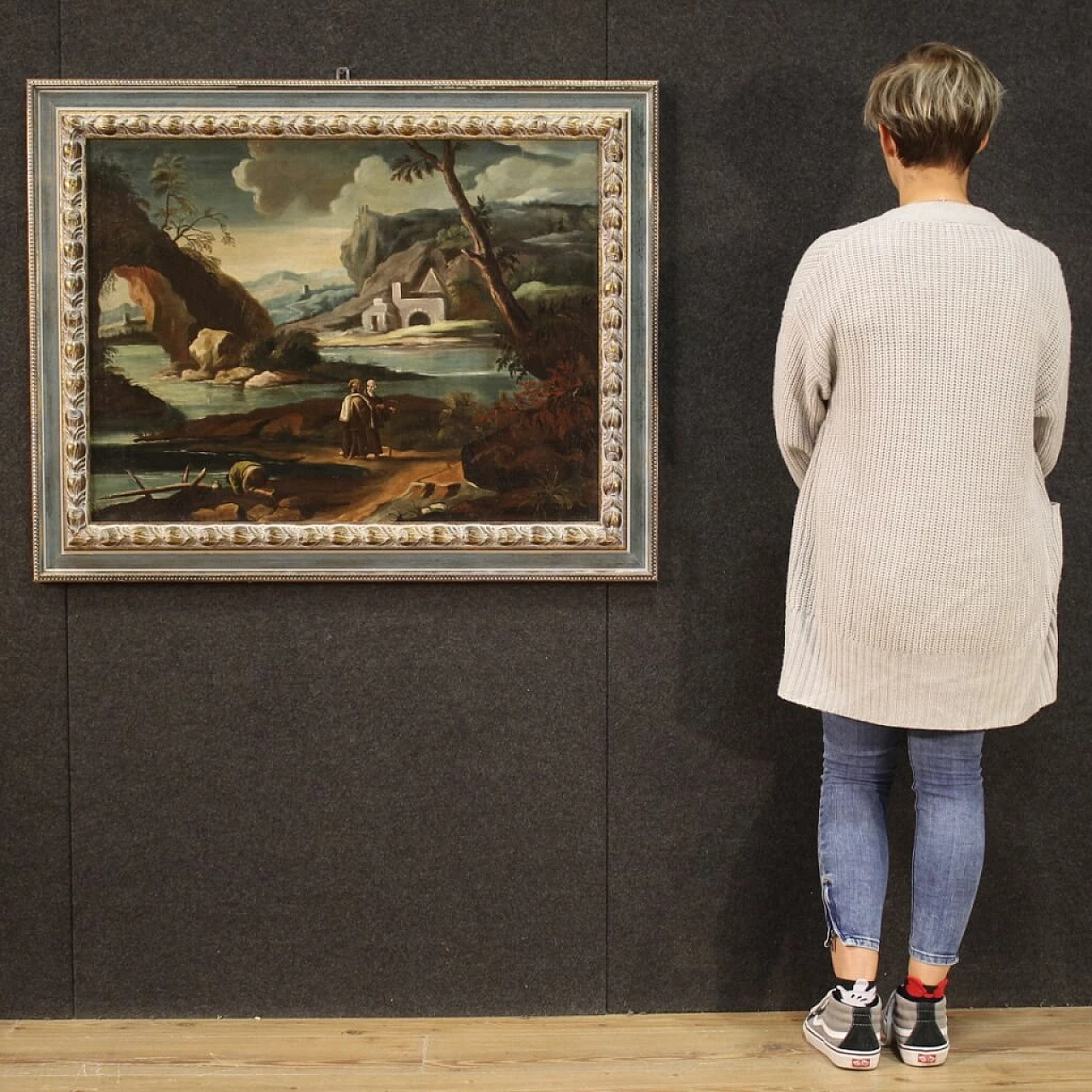 Paesaggio con figure, dipinto olio su tela, '700 1309143