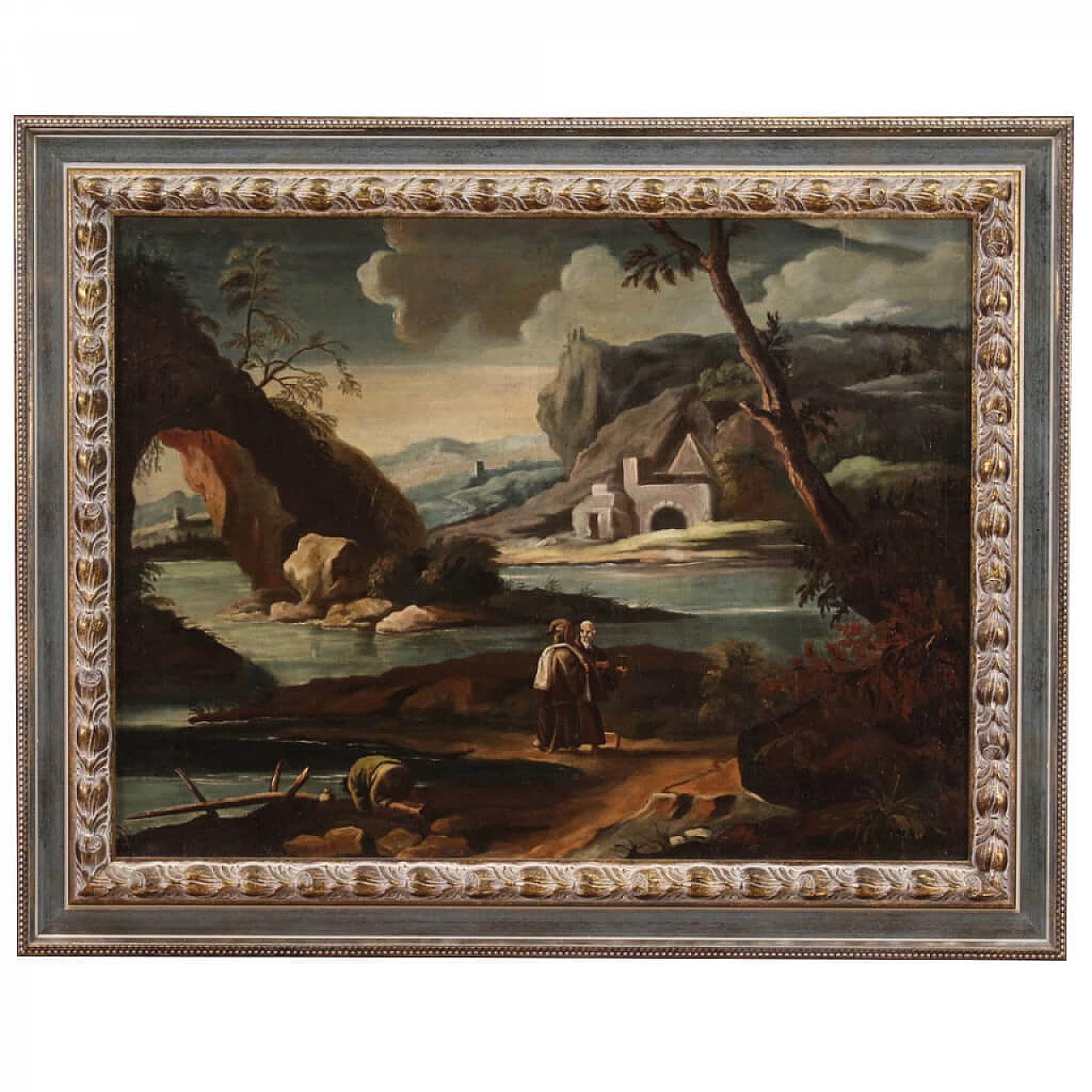 Paesaggio con figure, dipinto olio su tela, '700 1309256