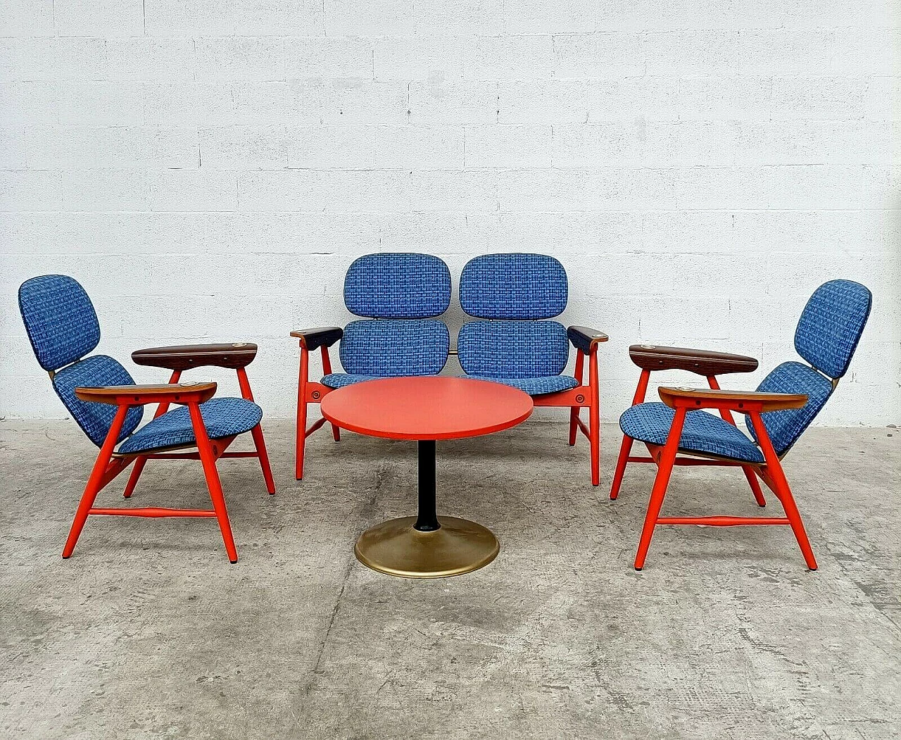 Pair of chairs, sofa and coffee table in wood and fabric by Marco Zanuso for Poltronova, 60s 1310185