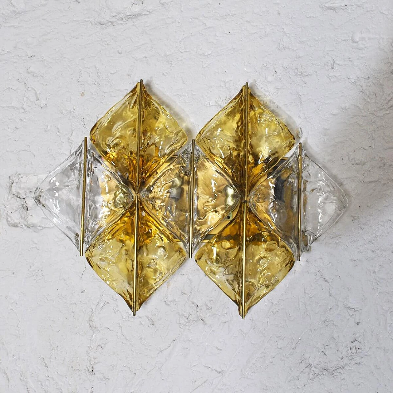 Pair of wall lamps in amber Murano glass and brass by Mazzega, 60s 1310292