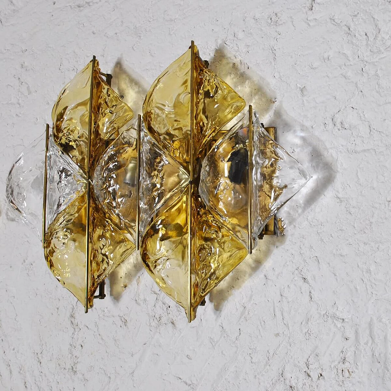 Pair of wall lamps in amber Murano glass and brass by Mazzega, 60s 1310298