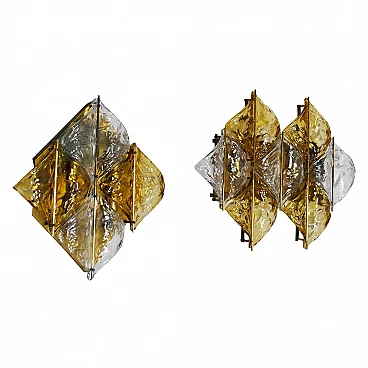 Pair of wall lamps in amber Murano glass and brass by Mazzega, 60s