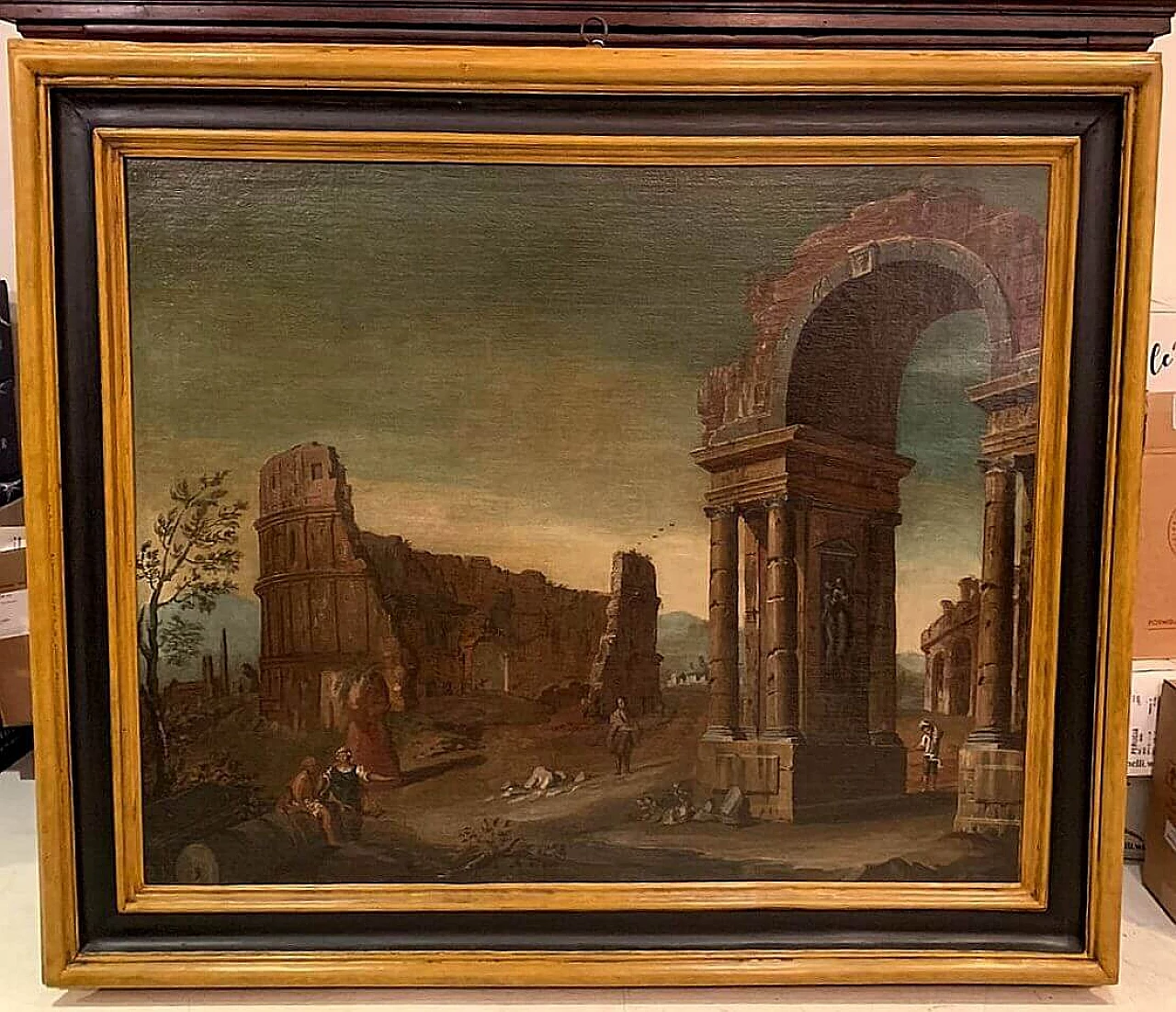 Gaetano Ottani, dipinto Paesaggio con rovine e cornice Salvator Rosa, '700 1310502