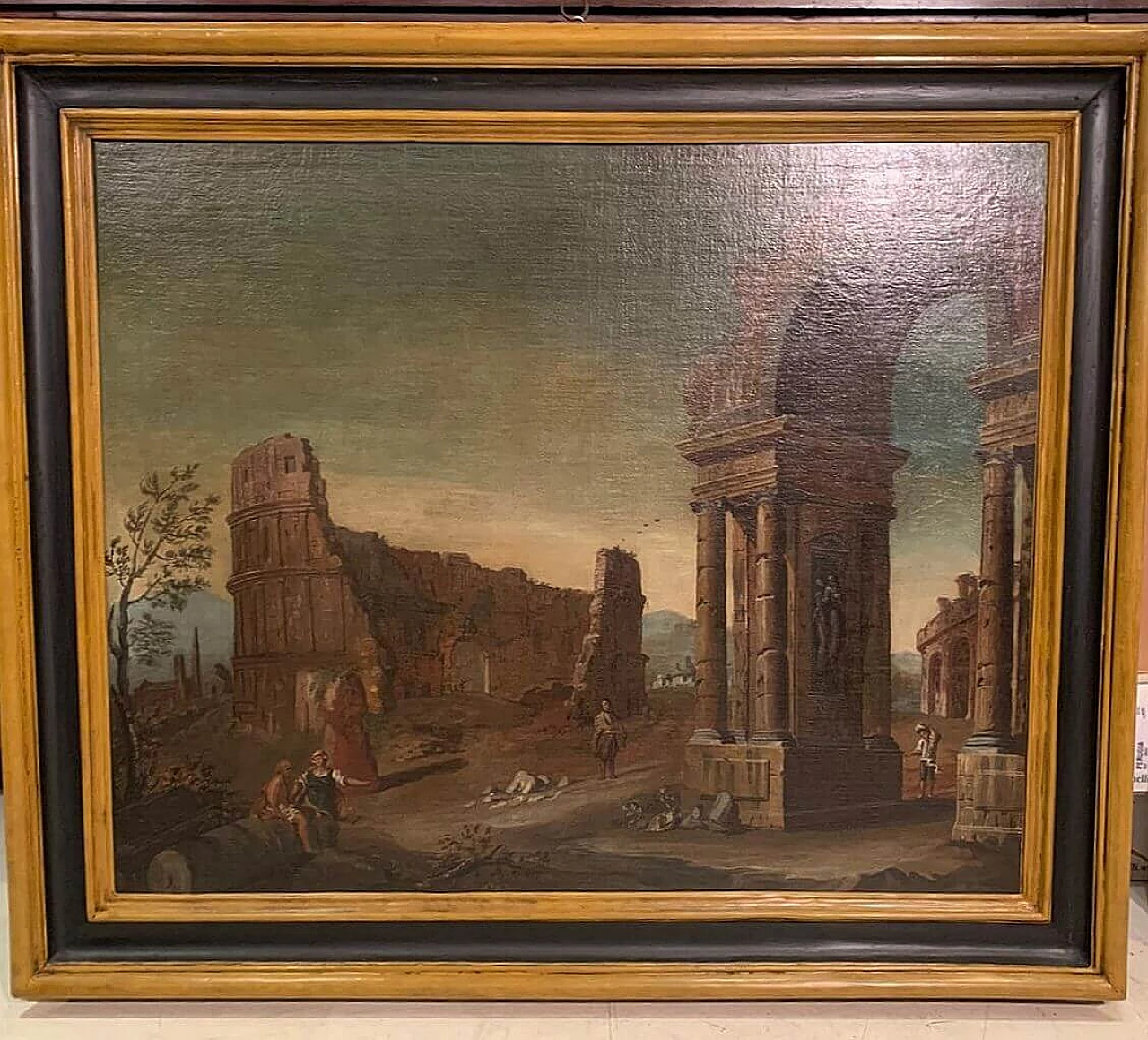 Gaetano Ottani, dipinto Paesaggio con rovine e cornice Salvator Rosa, '700 1310503