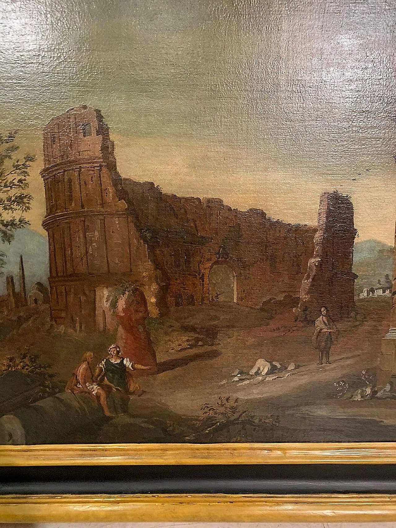 Gaetano Ottani, dipinto Paesaggio con rovine e cornice Salvator Rosa, '700 1310504