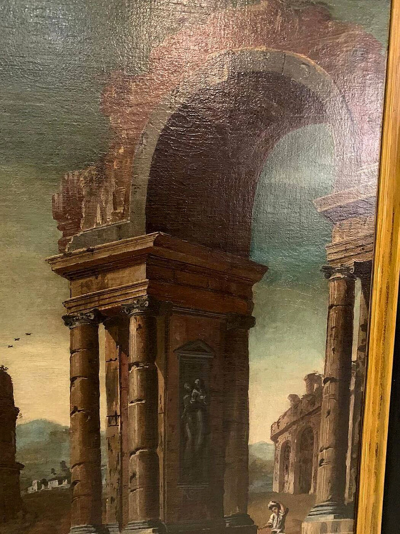 Gaetano Ottani, dipinto Paesaggio con rovine e cornice Salvator Rosa, '700 1310505