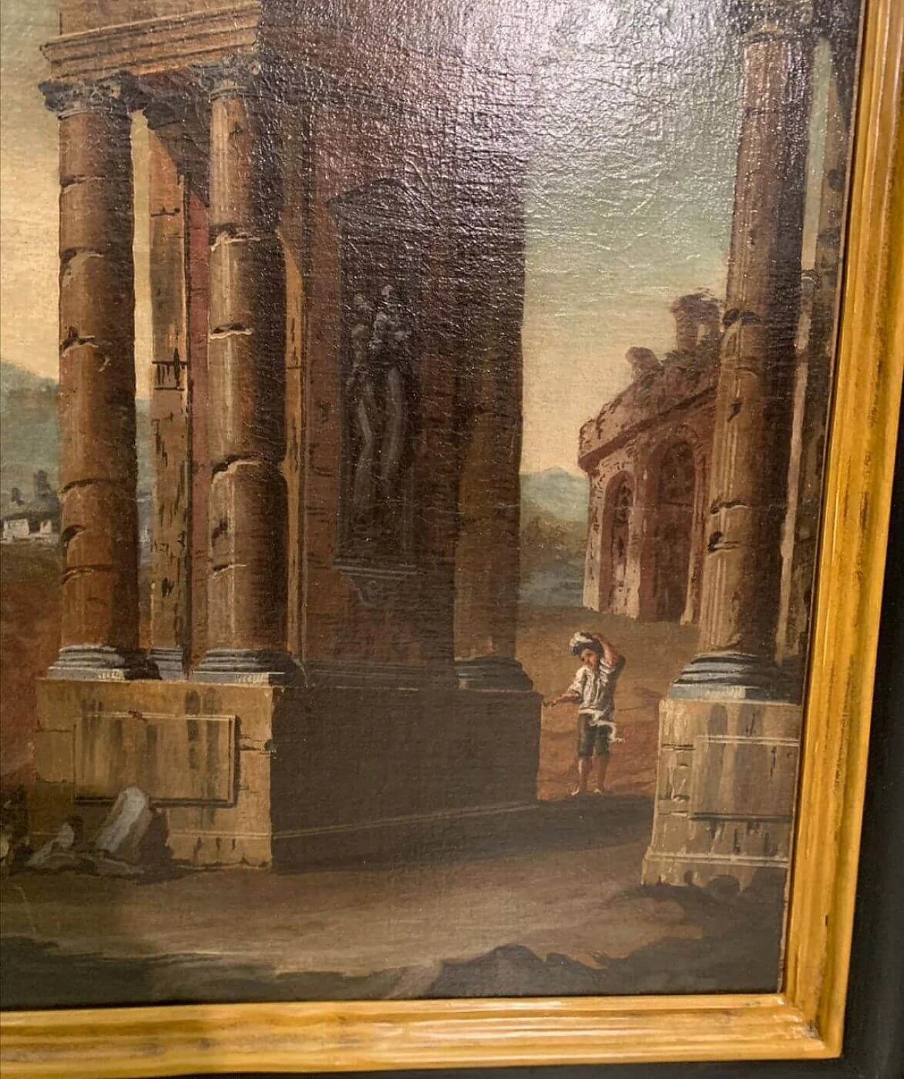 Gaetano Ottani, dipinto Paesaggio con rovine e cornice Salvator Rosa, '700 1310506