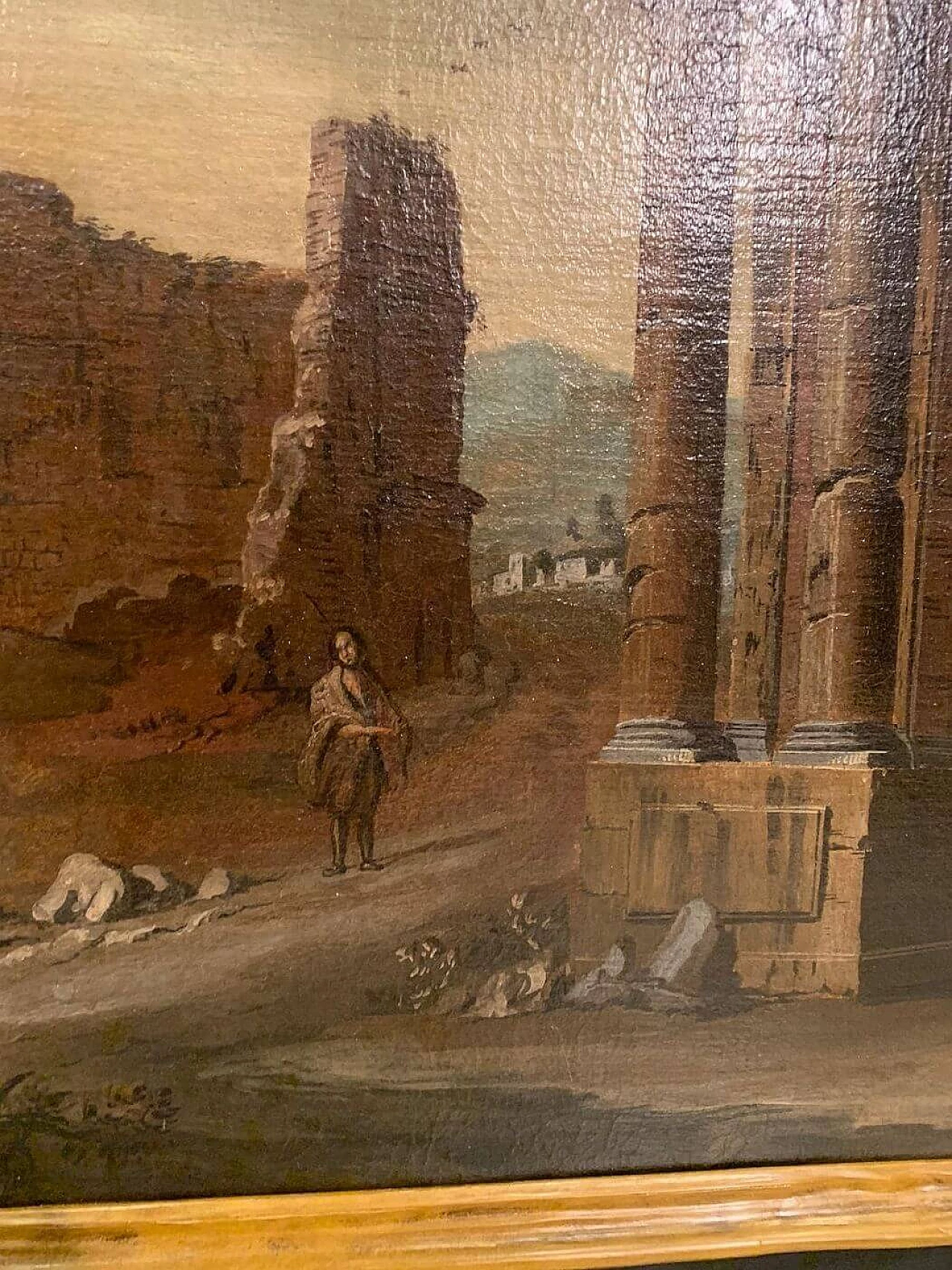 Gaetano Ottani, dipinto Paesaggio con rovine e cornice Salvator Rosa, '700 1310507