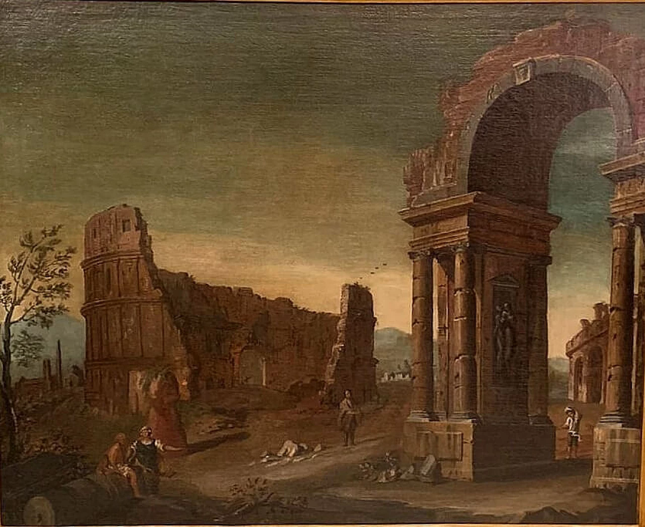 Gaetano Ottani, dipinto Paesaggio con rovine e cornice Salvator Rosa, '700 1310508