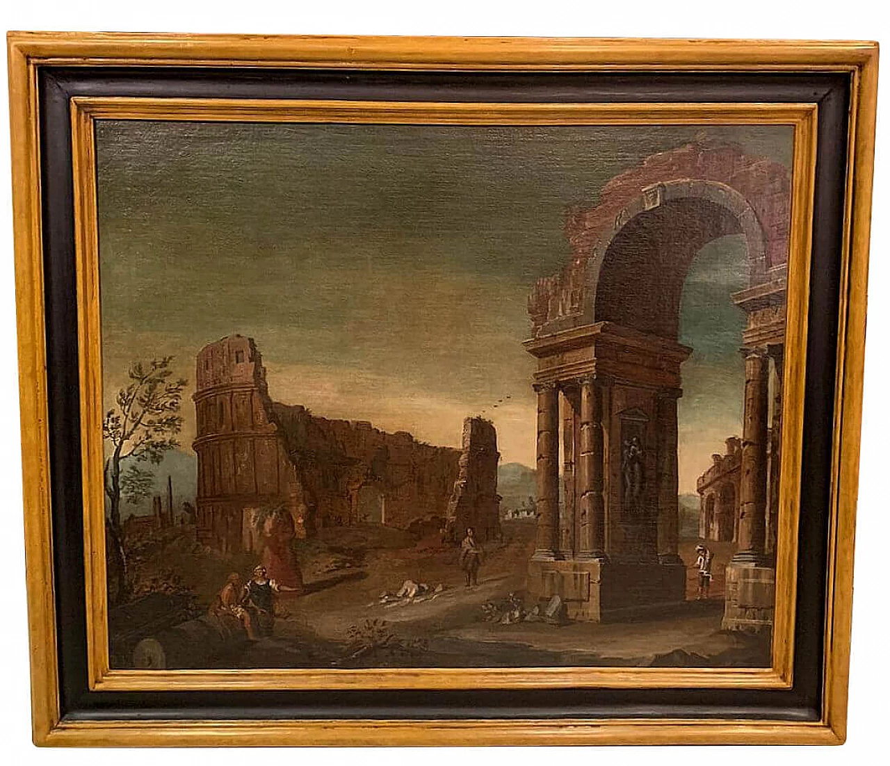 Gaetano Ottani, dipinto Paesaggio con rovine e cornice Salvator Rosa, '700 1310509