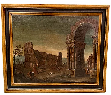 Gaetano Ottani, oil on canvas Landscape with ruins and Salvator Rosa frame, 18th century