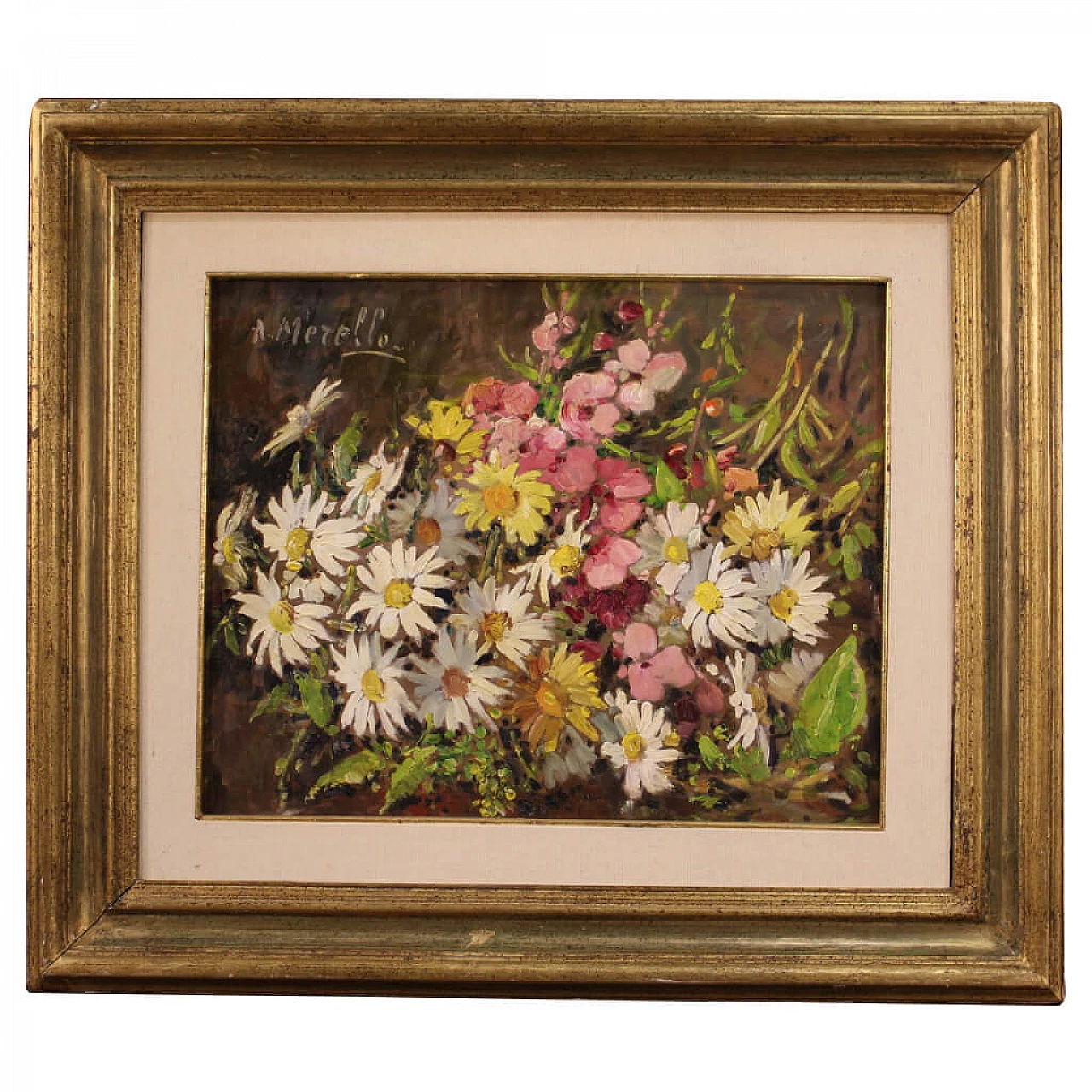 Amedeo Merello, dipinto olio su tela Natura morta con margherite 1310586