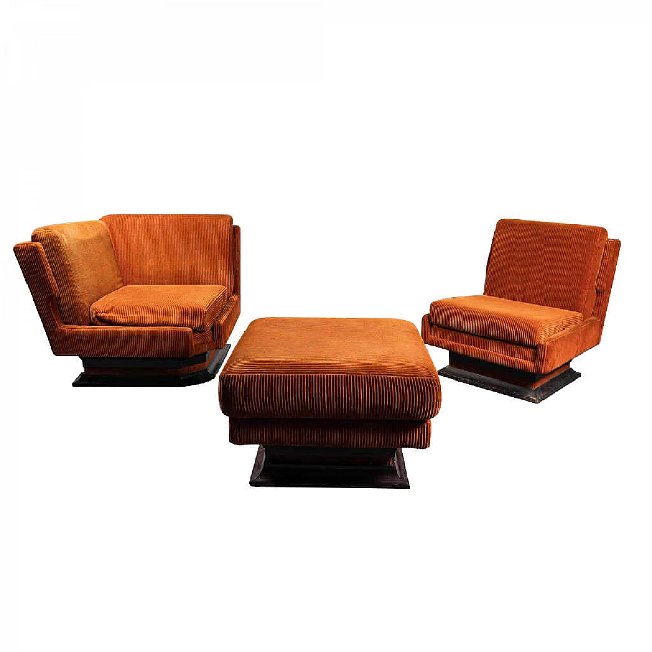 Pair of armchairs with pouf in orange velvet, 70s 1310663