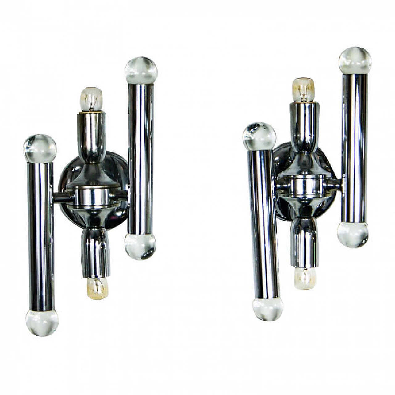 Pair of wall sconces in chromed steel and glass by Gaetano Sciolari, 60s 1310947