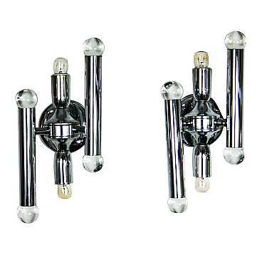 Pair of wall sconces in chromed steel and glass by Gaetano Sciolari, 60s