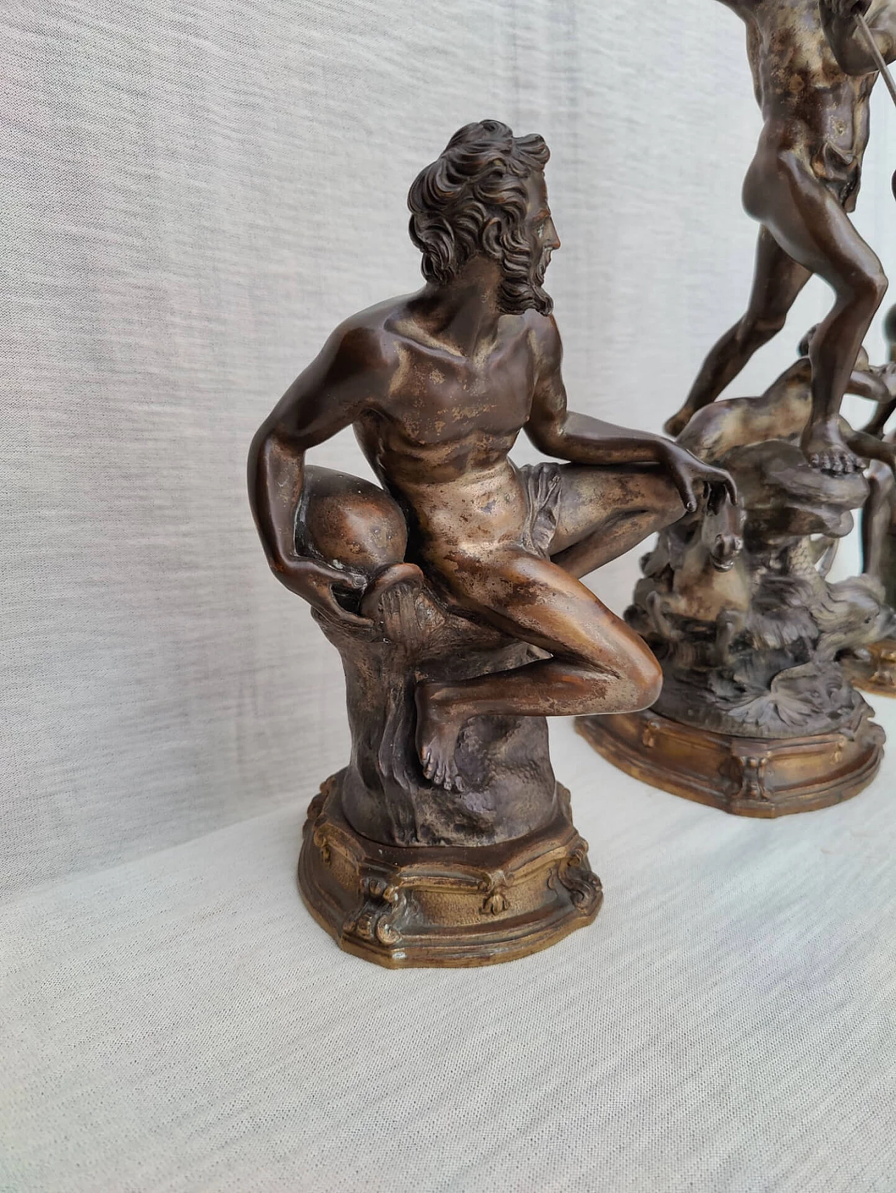 3 Statues depicting God Neptune and allegorical figures in bronze signed E. Avolio, 19th century 1311078