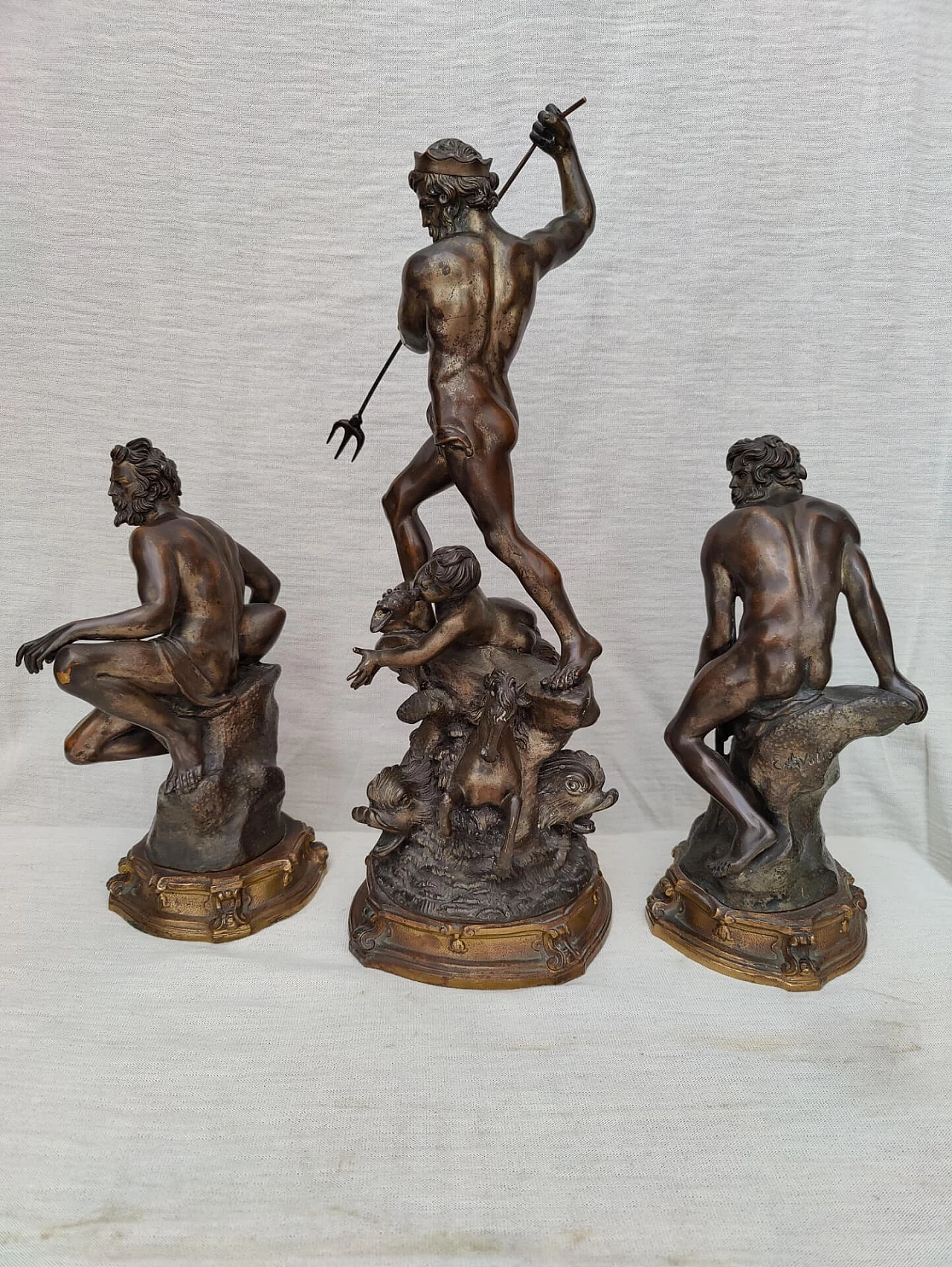 3 Statues depicting God Neptune and allegorical figures in bronze signed E. Avolio, 19th century 1311079