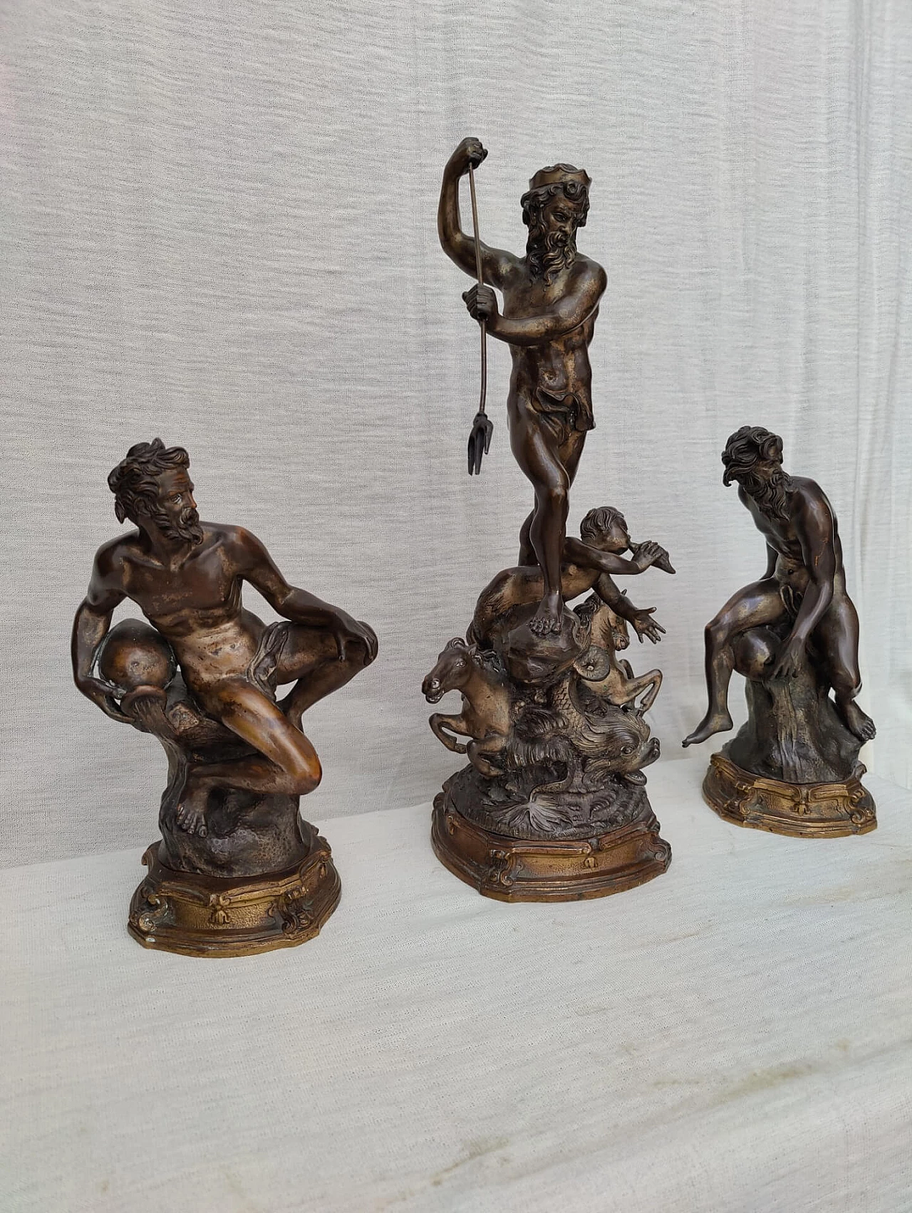 3 Statues depicting God Neptune and allegorical figures in bronze signed E. Avolio, 19th century 1311080