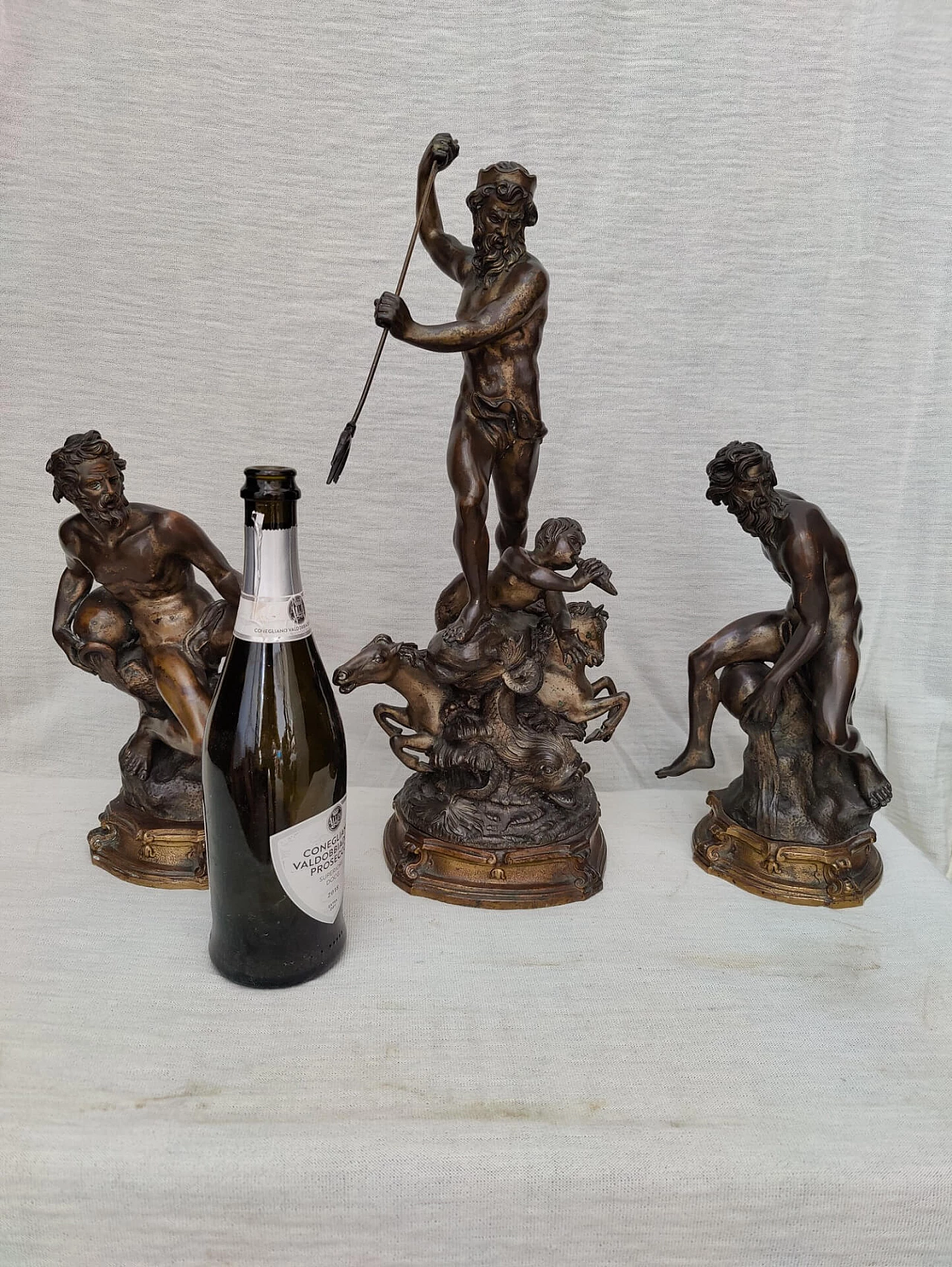 3 Statues depicting God Neptune and allegorical figures in bronze signed E. Avolio, 19th century 1311082