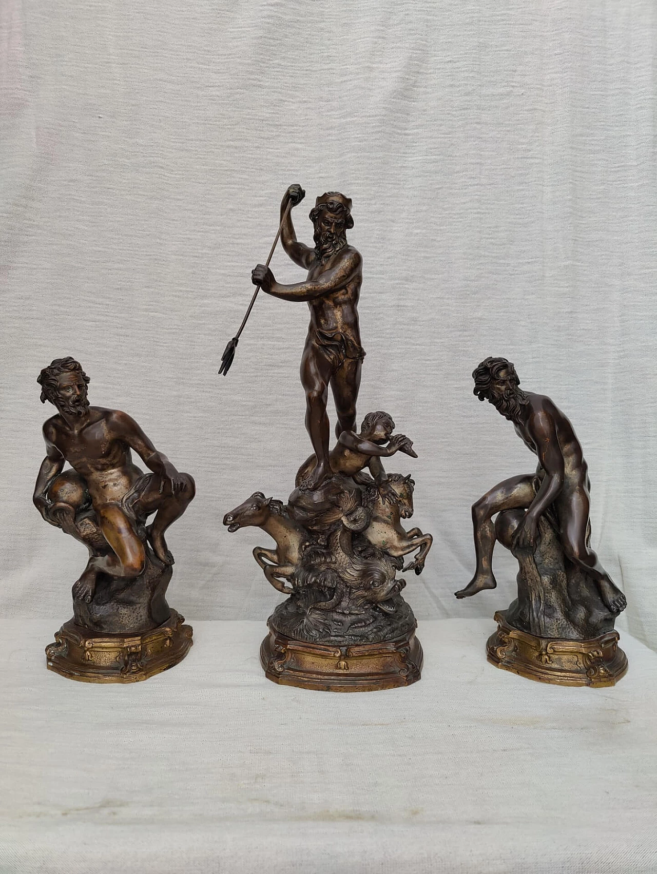 3 Statues depicting God Neptune and allegorical figures in bronze signed E. Avolio, 19th century 1311083