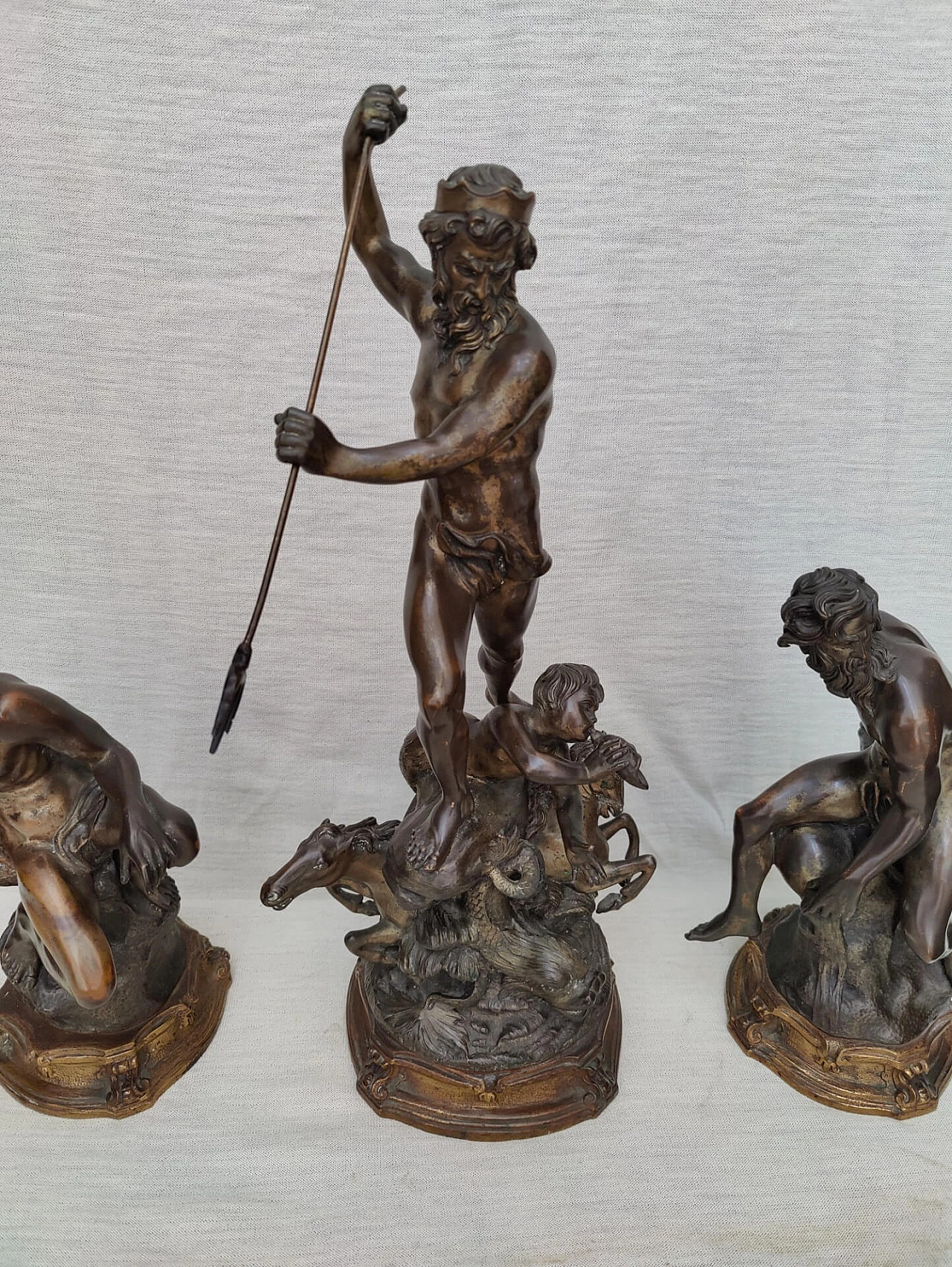 3 Statues depicting God Neptune and allegorical figures in bronze signed E. Avolio, 19th century 1311084