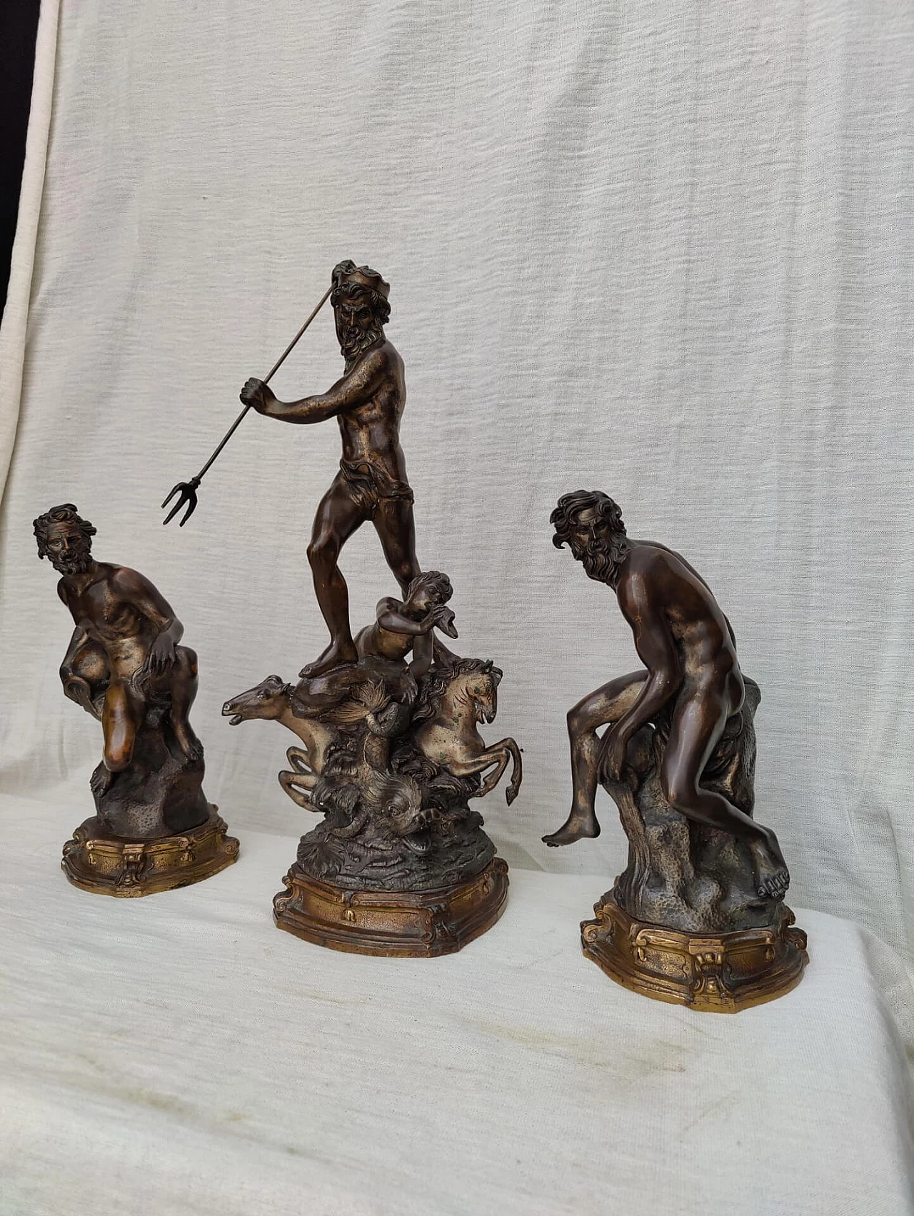 3 Statues depicting God Neptune and allegorical figures in bronze signed E. Avolio, 19th century 1311085