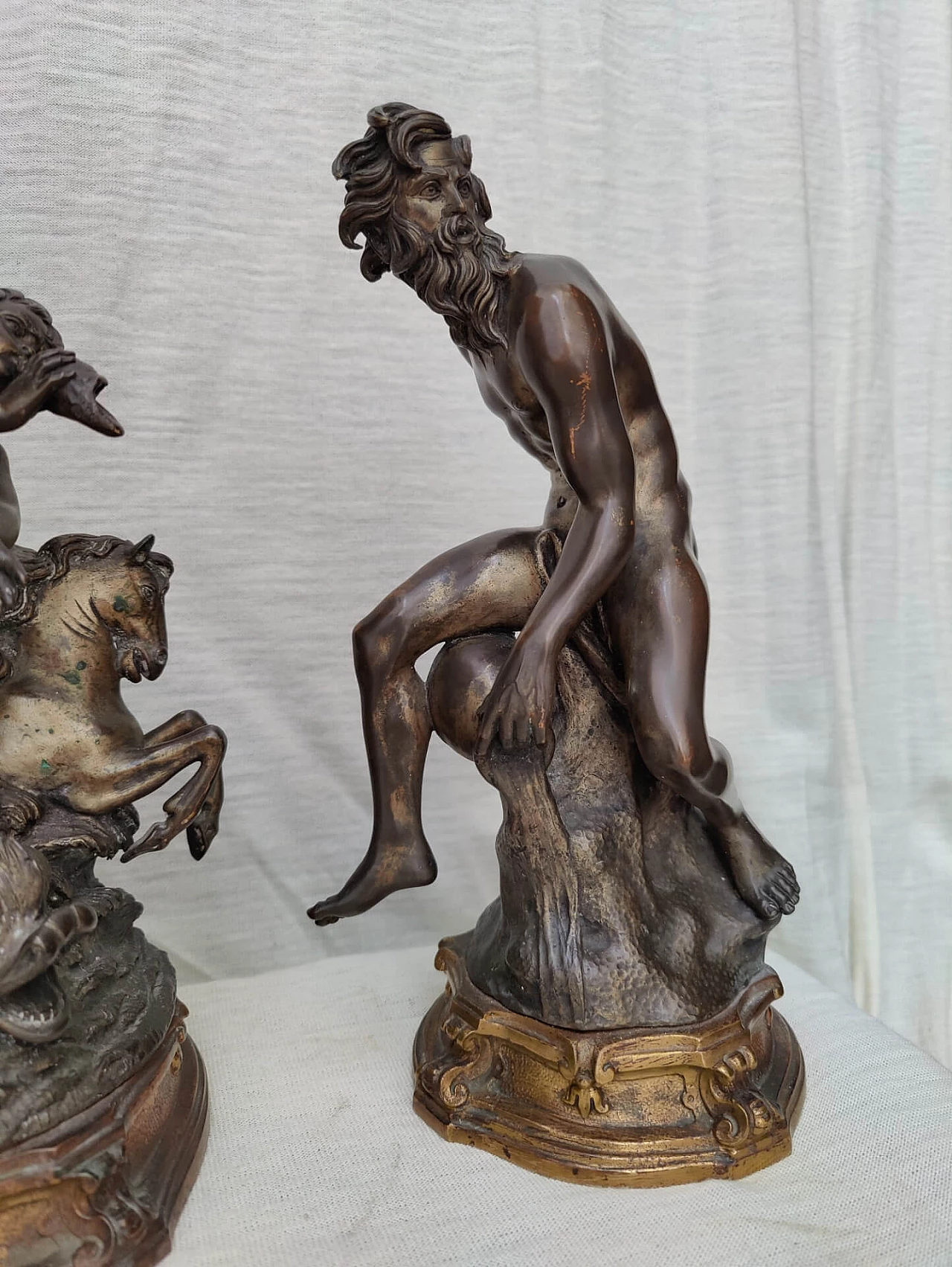 3 Statues depicting God Neptune and allegorical figures in bronze signed E. Avolio, 19th century 1311088