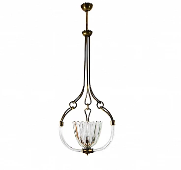 Brutalist chandelier in Murano glass and brass by Barovier and Toso, 30s