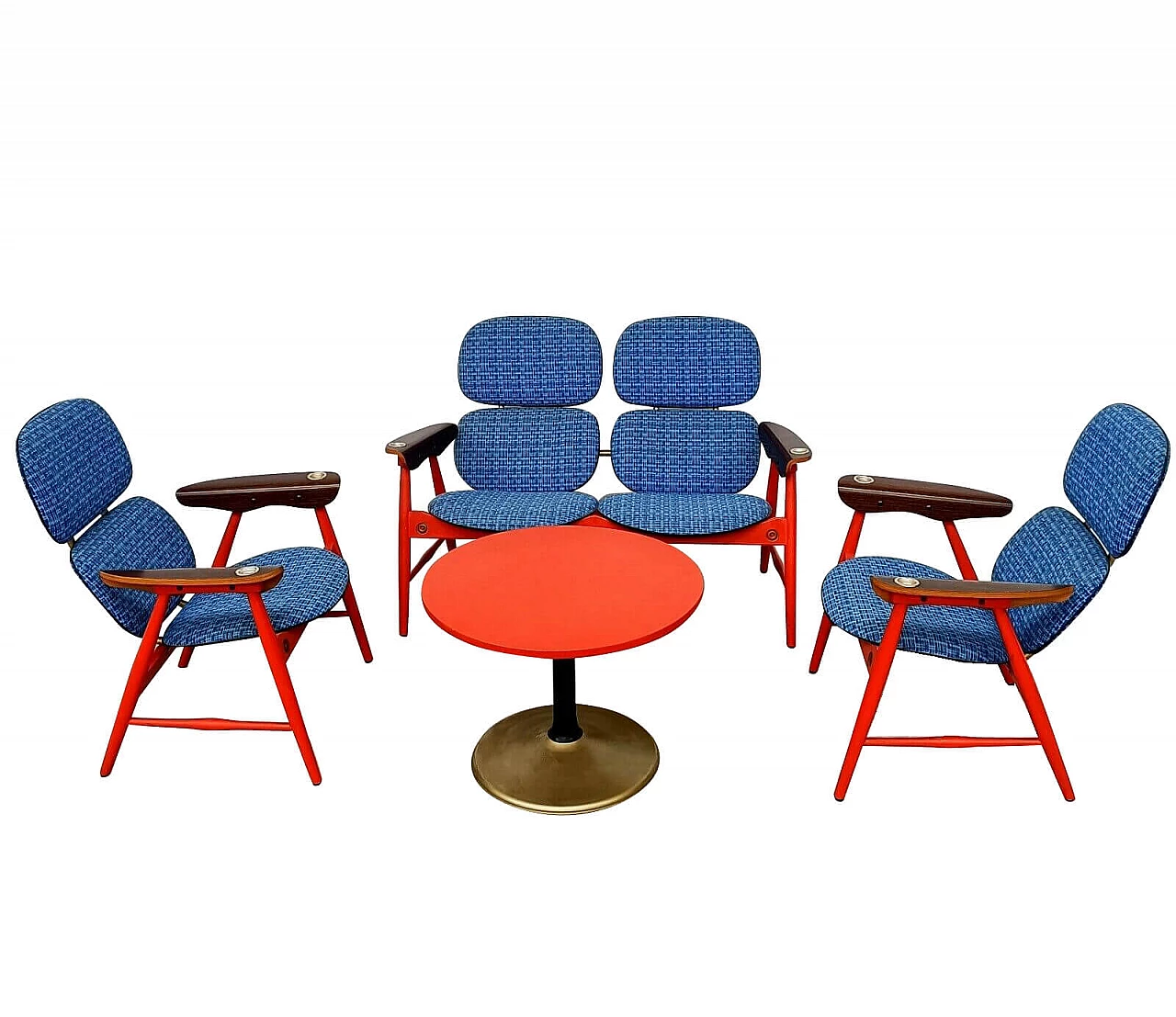 Coppia di sedie, divano e tavolino in legno e tessuto di Marco Zanuso per Poltronova, anni '60 1311494